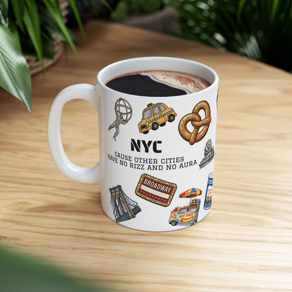 NYC Icons Rizz and Aura Mug | New York City Landmark Collage Ceramic Coffee Tea Mug