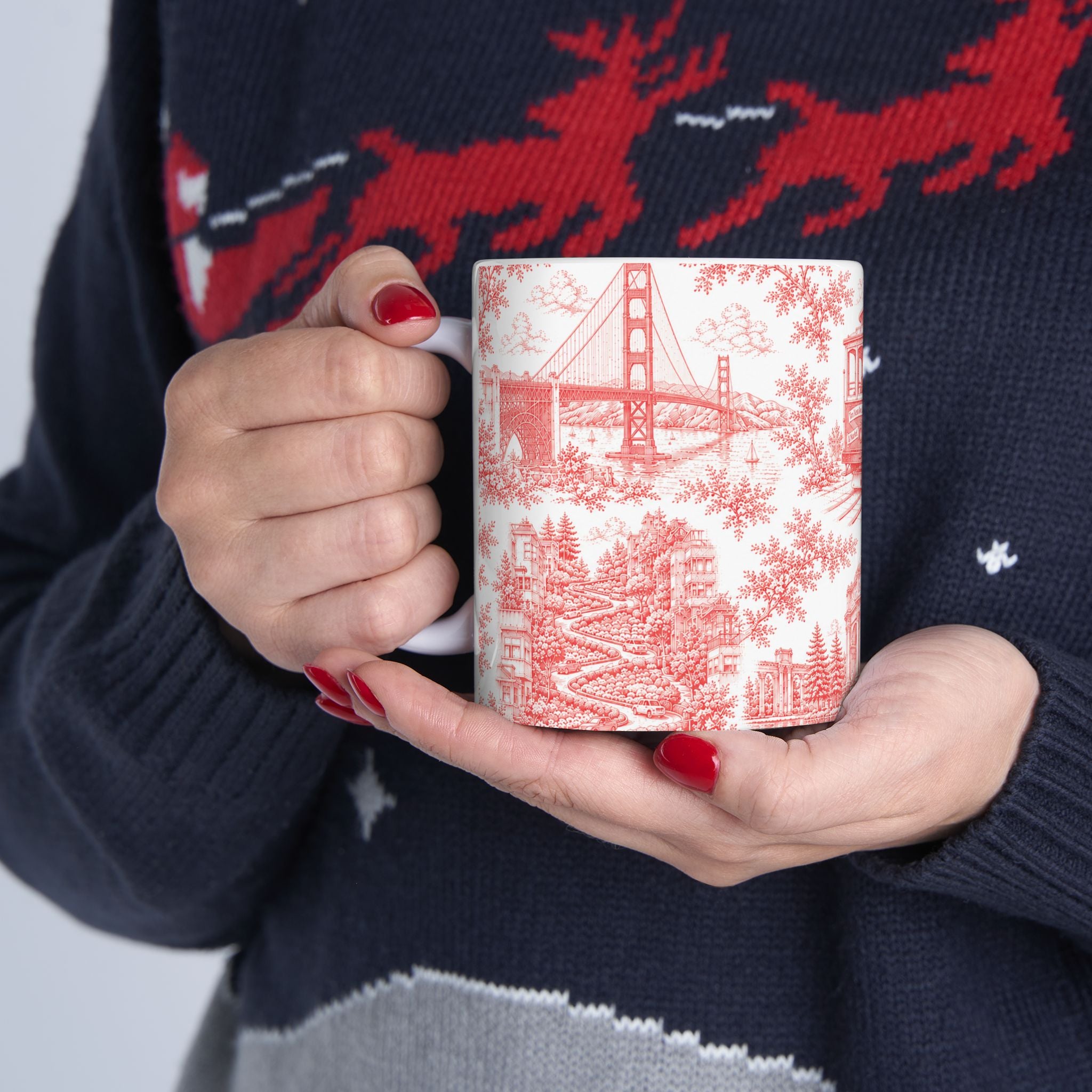 San Francisco RedToile de Jouy Ceramic Mug — Vintage Cable Car & Palace of Fine Arts Design (11oz)