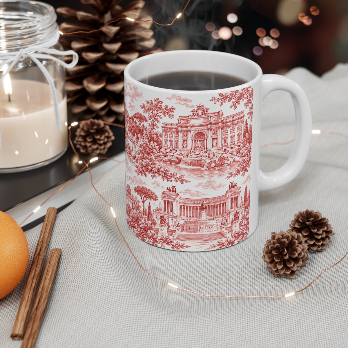 Rome Red Toile de Jouy Ceramic Mug — (11oz; Ships from Europe)