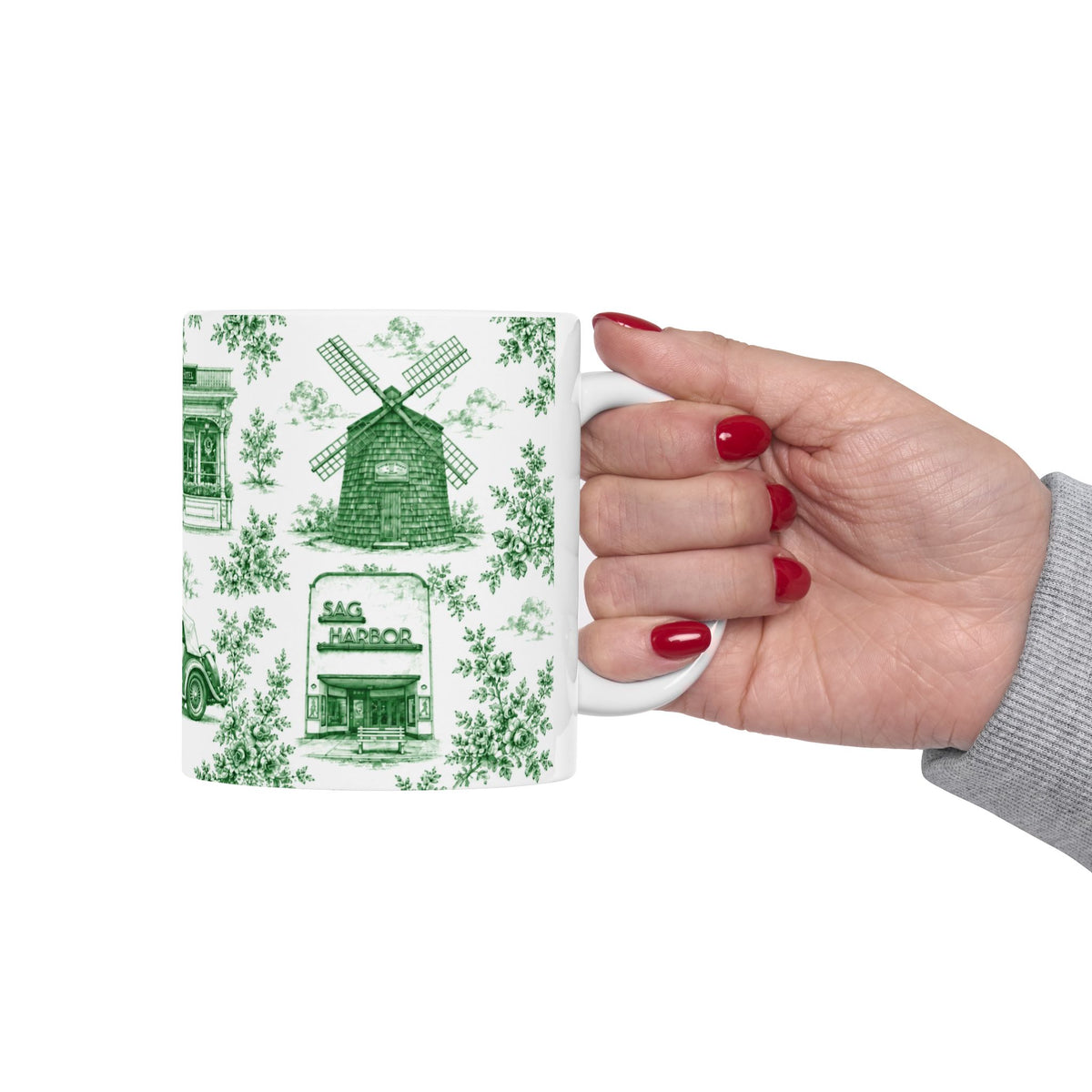 Sag Harbor Green Toile de Jouy Mug | Hamptons Chinoiserie Ceramic Coffee Cup