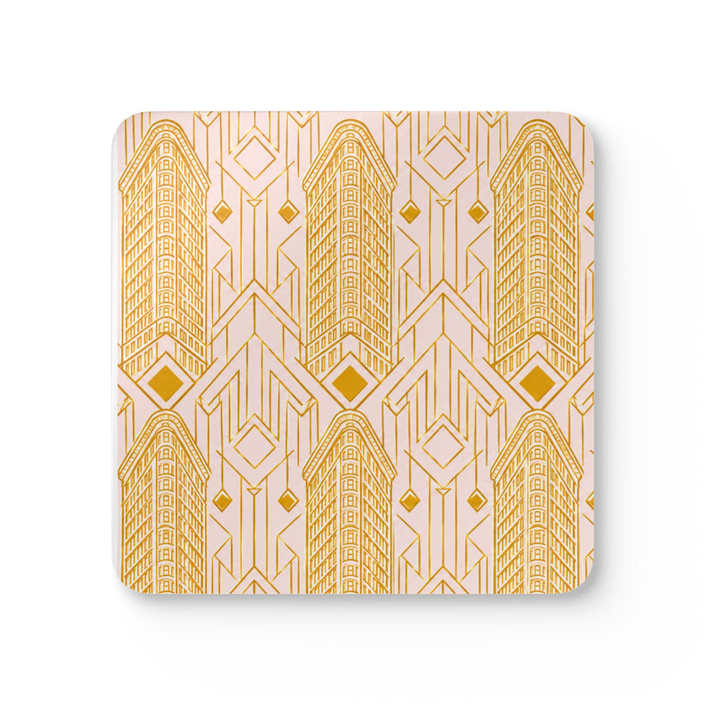 Art Deco Flatiron Building Gold & Pink Cork Coaster Set — Geometric Cocktail Coasters Set of 4
