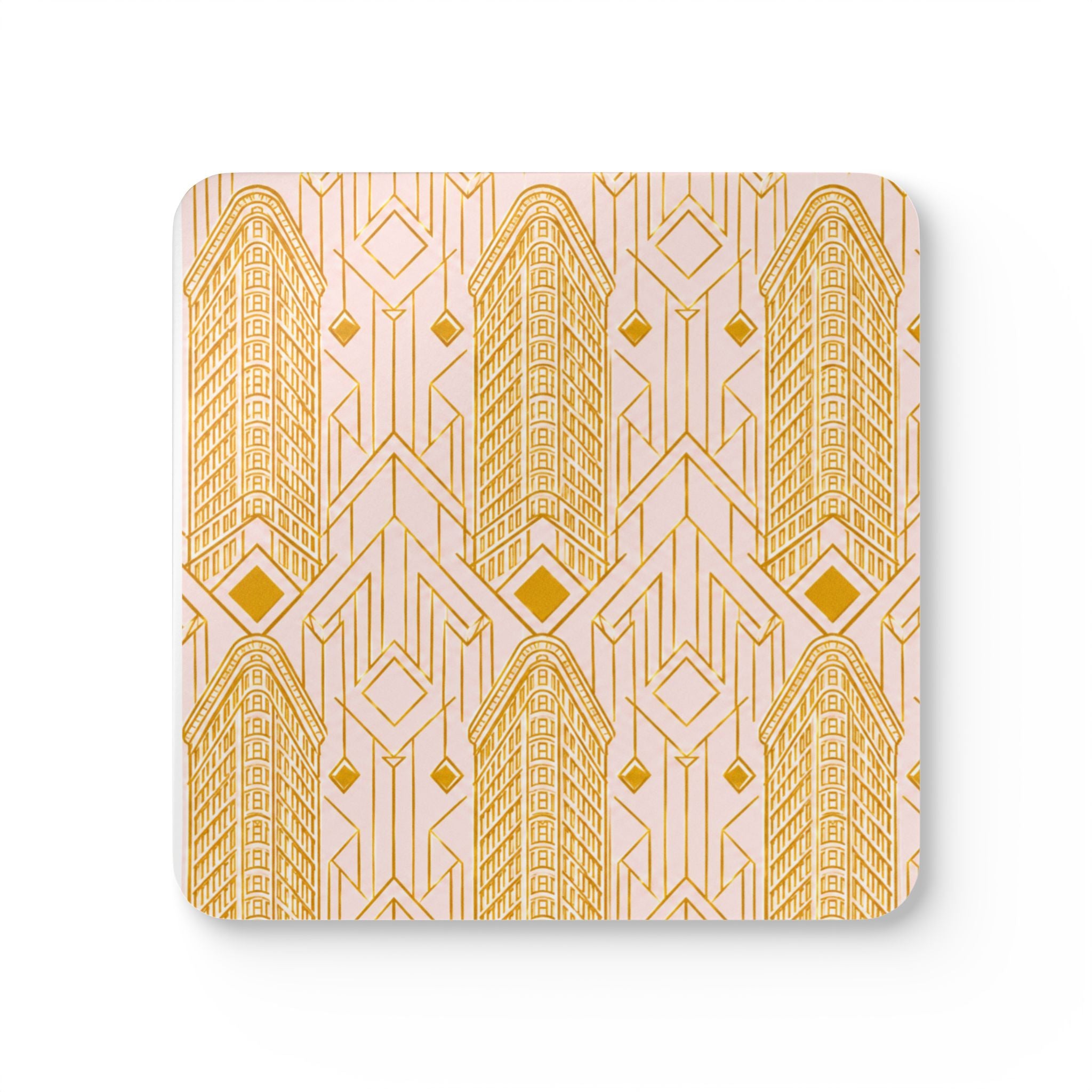 Art Deco Flatiron Building Gold & Pink Cork Coaster Set — Geometric Cocktail Coasters Set of 4