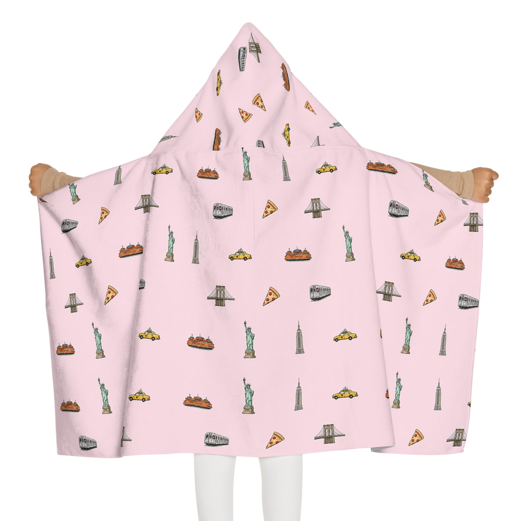 Icons of New York City Pink Hooded Kids Towel — Statue of Liberty, Pizza & Skyline Childrens Towel