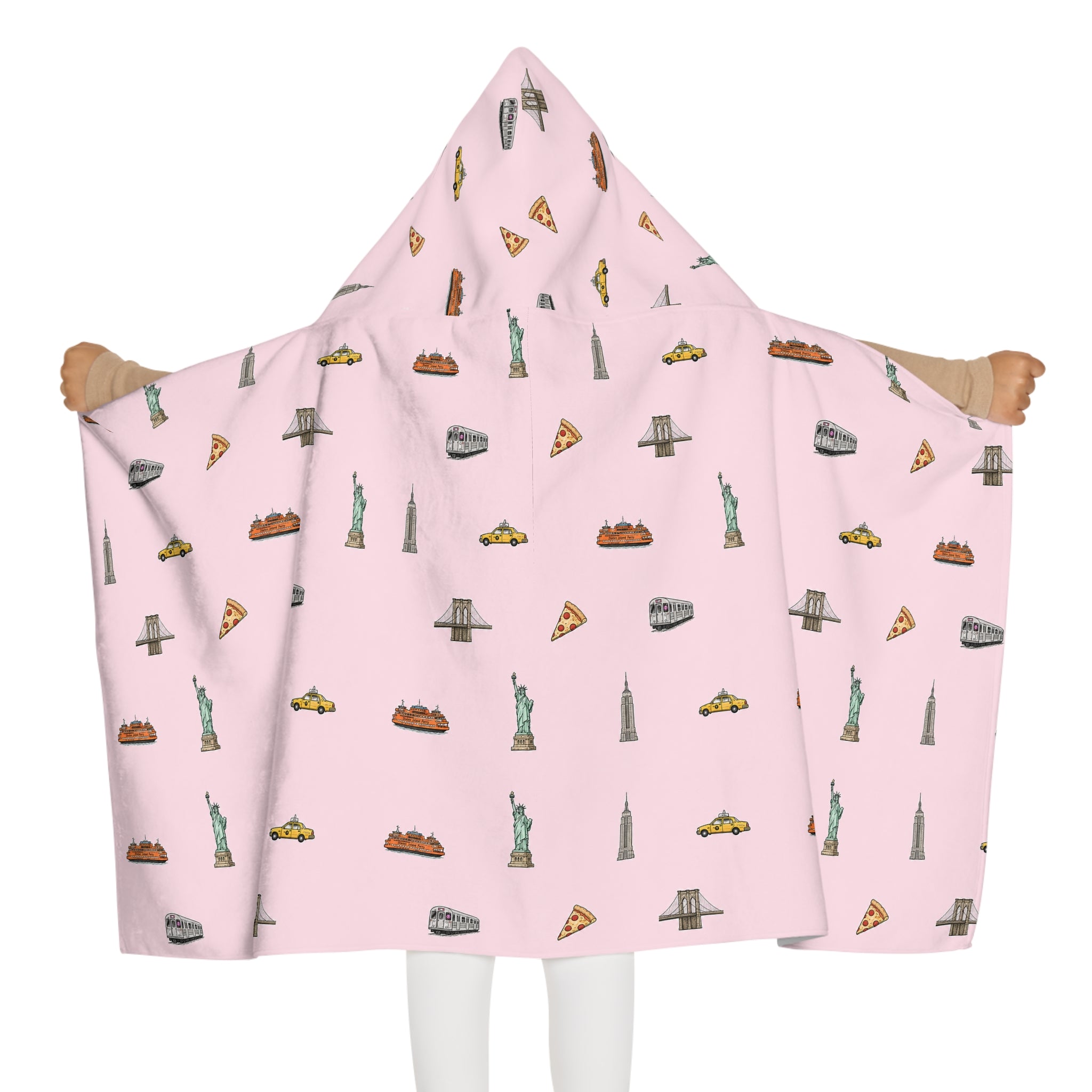 Icons of New York City Pink Hooded Kids Towel — Statue of Liberty, Pizza & Skyline Childrens Towel