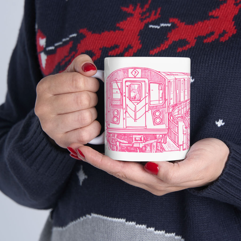 Elevated Subway Pink Train Mug | NYC Urban Transit Sketch Coffee Mug