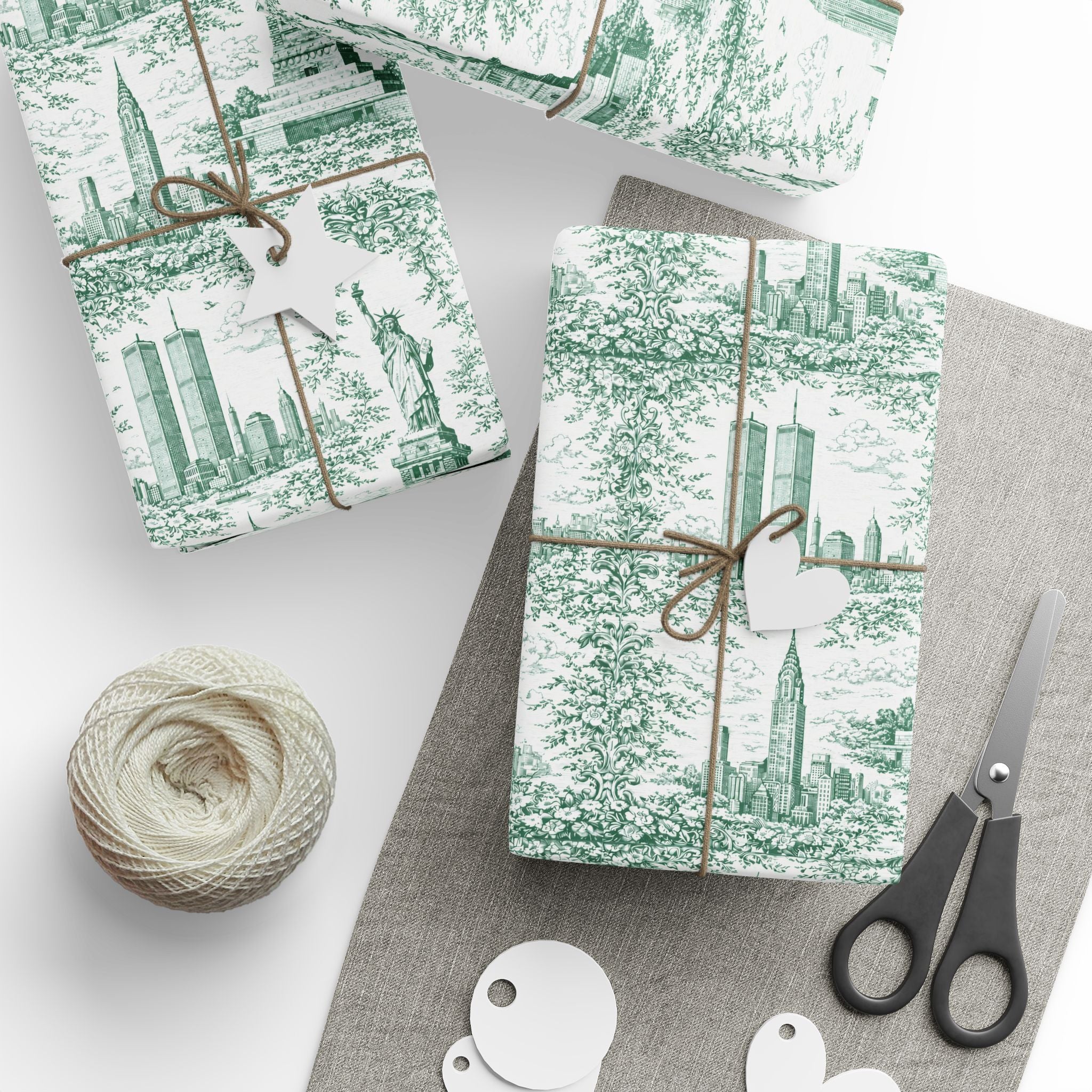 Manhattan NYC Green Toile Gift Wrapping Papers   Chinoiserie New York City Gift Wrap Empire State Building Twin Towers Statue of Liberty