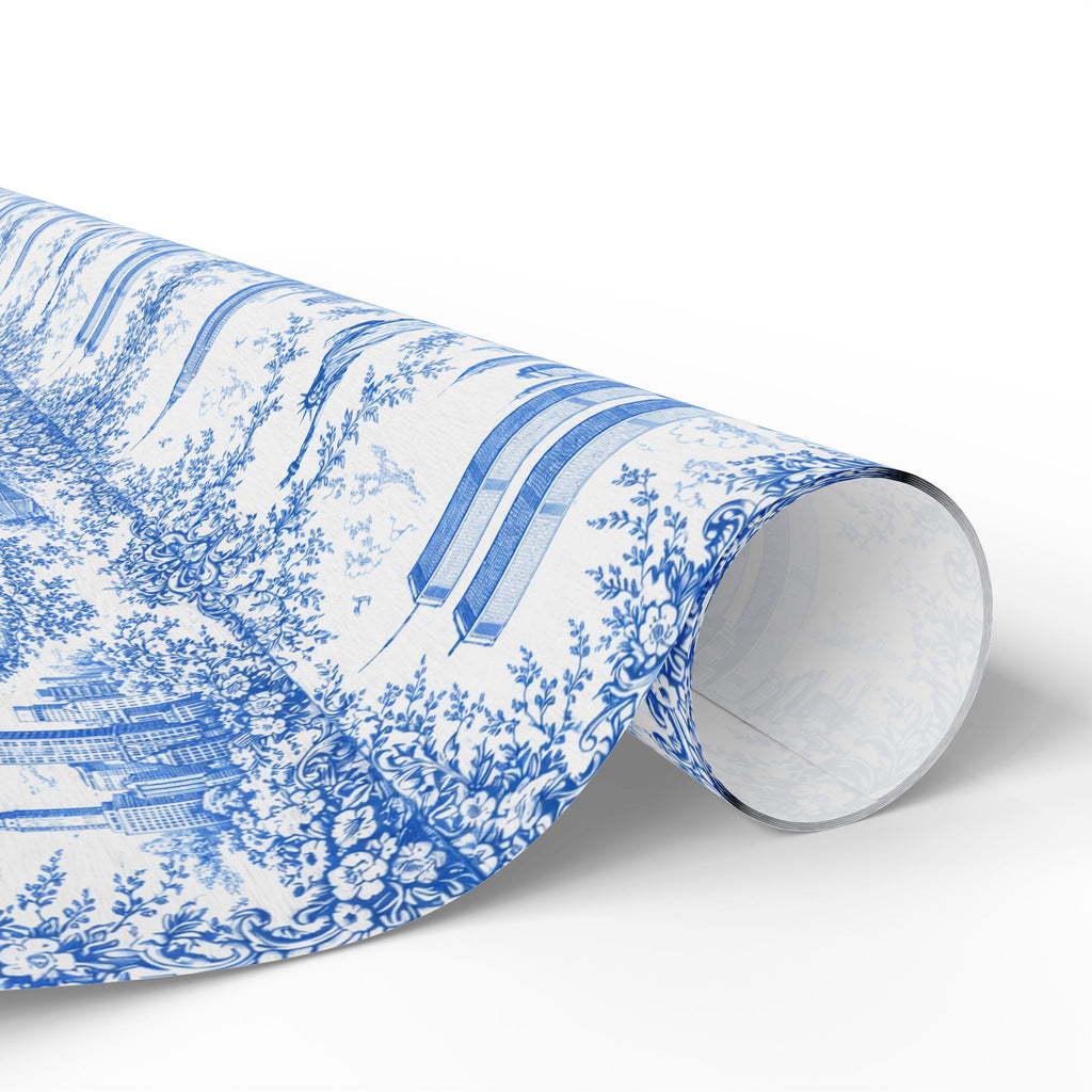 Manhattan NYC Blue Toile Gift Wrapping Papers   Chinoiserie New York City Gift Wrap Empire State Building Twin Towers Statue of Liberty