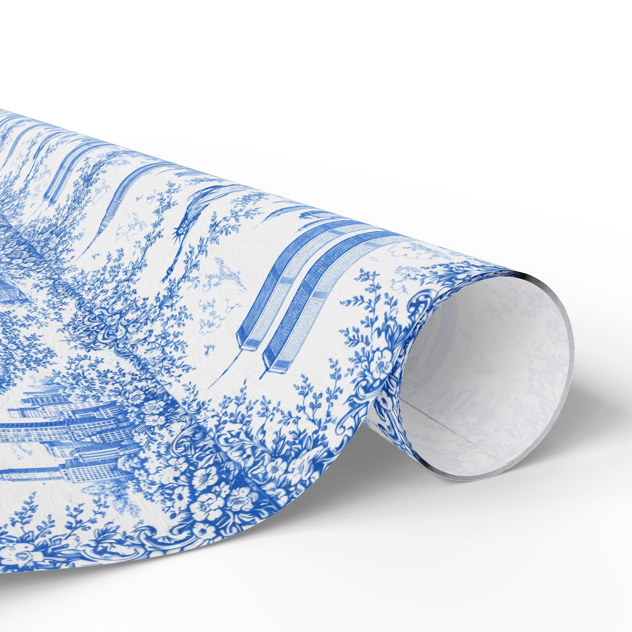 Manhattan NYC Blue Toile Gift Wrapping Papers   Chinoiserie New York City Gift Wrap Empire State Building Twin Towers Statue of Liberty