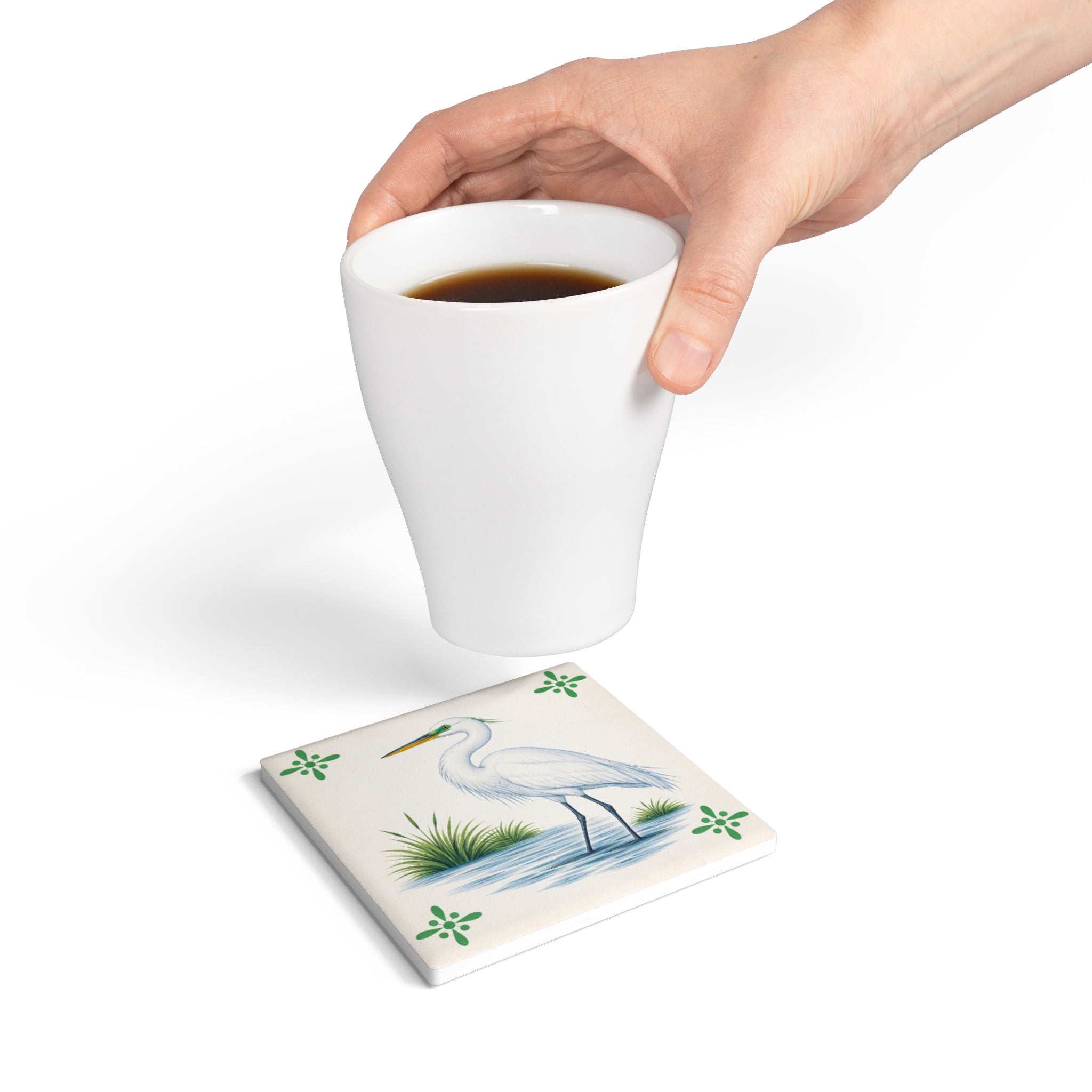 Jamaica Bay Great Egret Ceramic Coaster – Azulejos-style Tile Drink Coaster