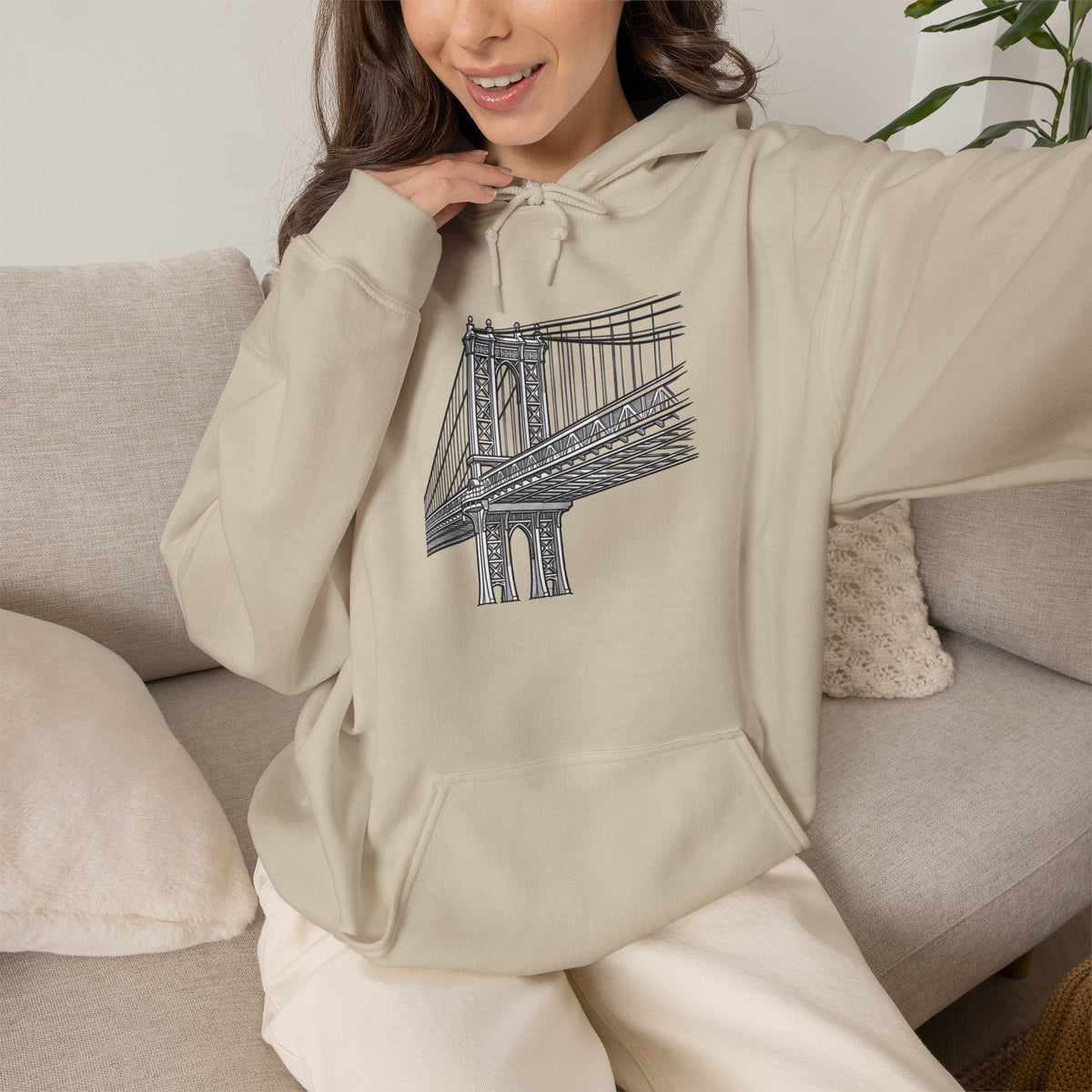 Manhattan Bridge Sketch Hoodie — New York City Bridge Pullover Hooded Sweatshirt