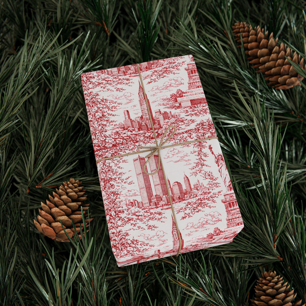 Manhattan NYC Red Toile Gift Wrapping Papers   Chinoiserie New York City Gift Wrap Empire State Building Twin Towers Statue of Liberty