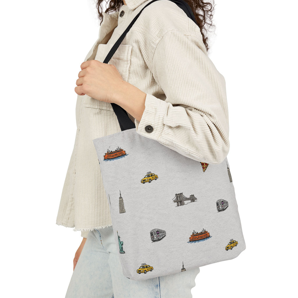 Icons of New York Heather Gray Canvas Tote — Statue of Liberty, Pizza & Taxi Pattern