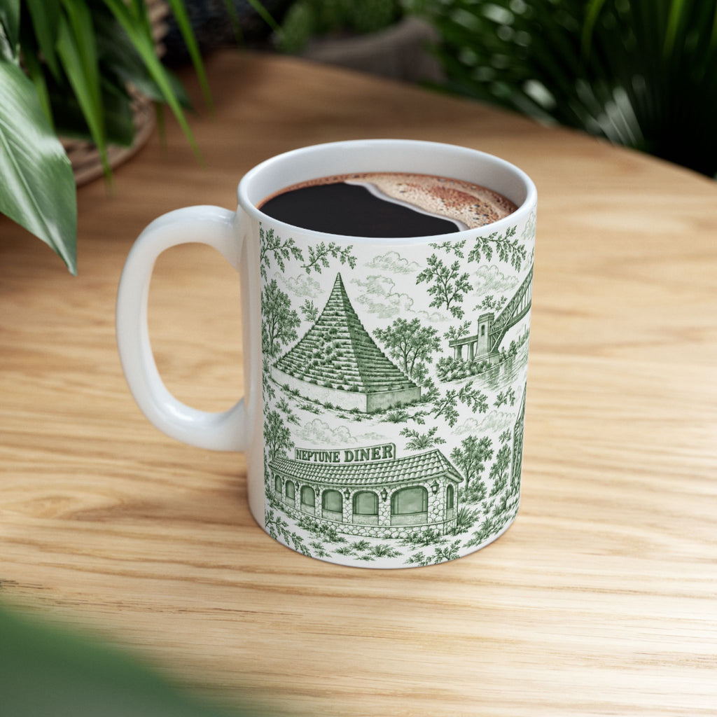 Astoria Green Toile Cityscape Ceramic Mug — 11oz Decorative Coffee Cup