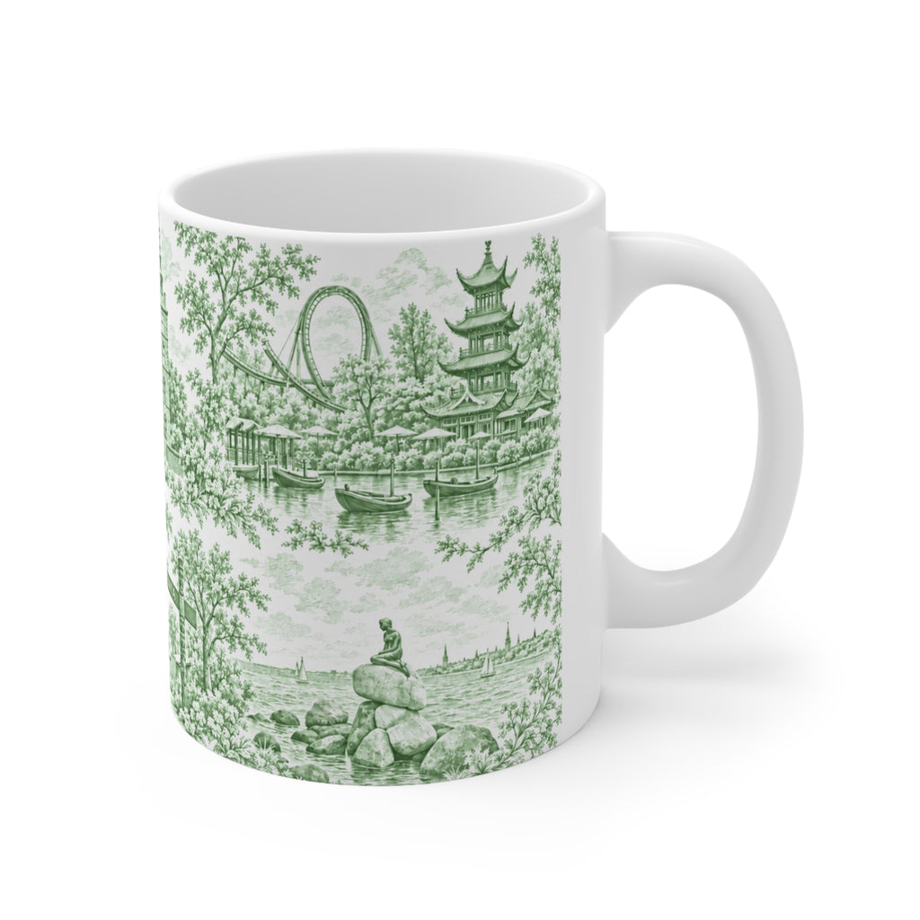 Copenhagen Green Toile de Jouy Ceramic Coffee Mug (11 oz, Ships from Europe)