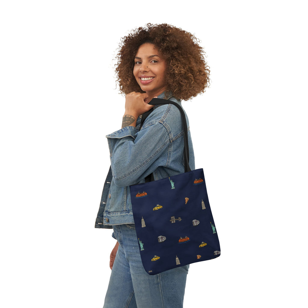 Icons of New York City Blue Canvas Tote — Statue of Liberty, Pizza & Taxi Pattern