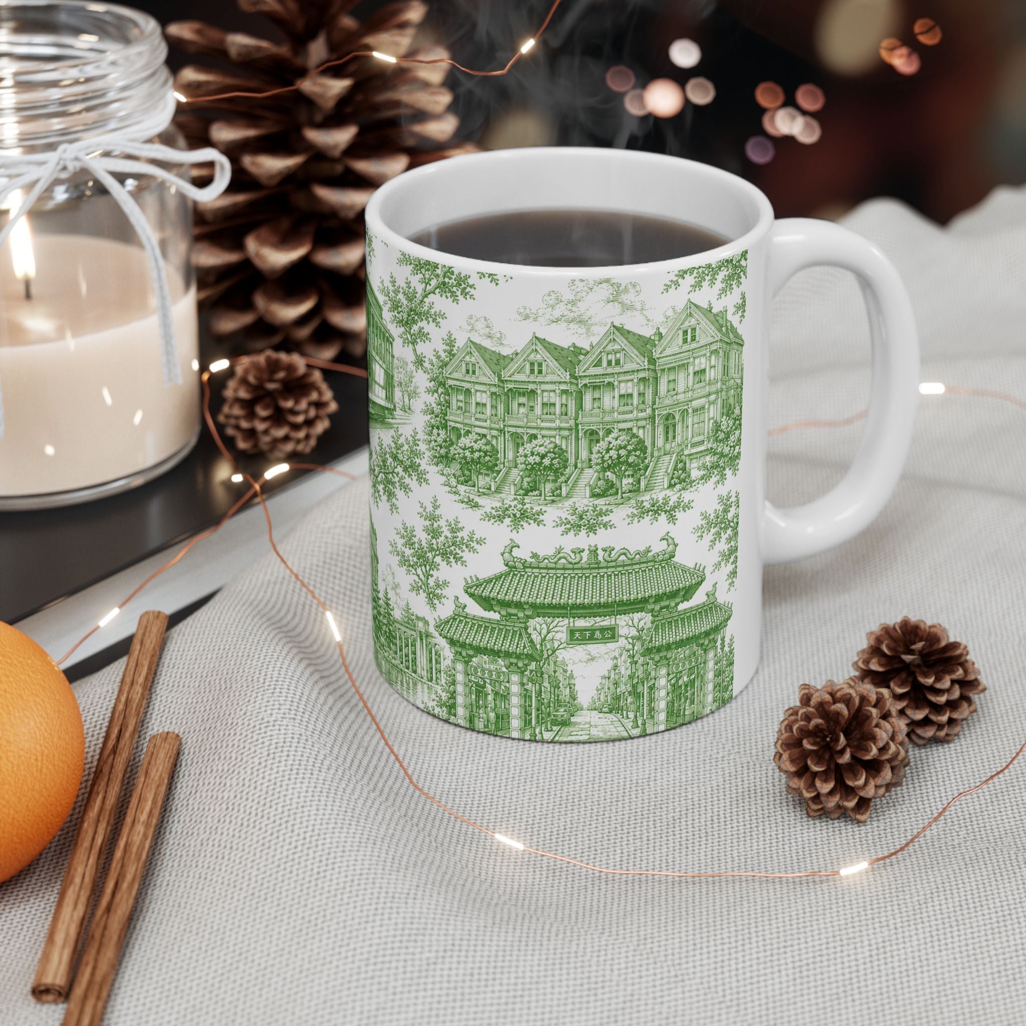 San Francisco Green Toile de Jouy Ceramic Mug — Vintage Cable Car & Palace of Fine Arts Design (11oz)