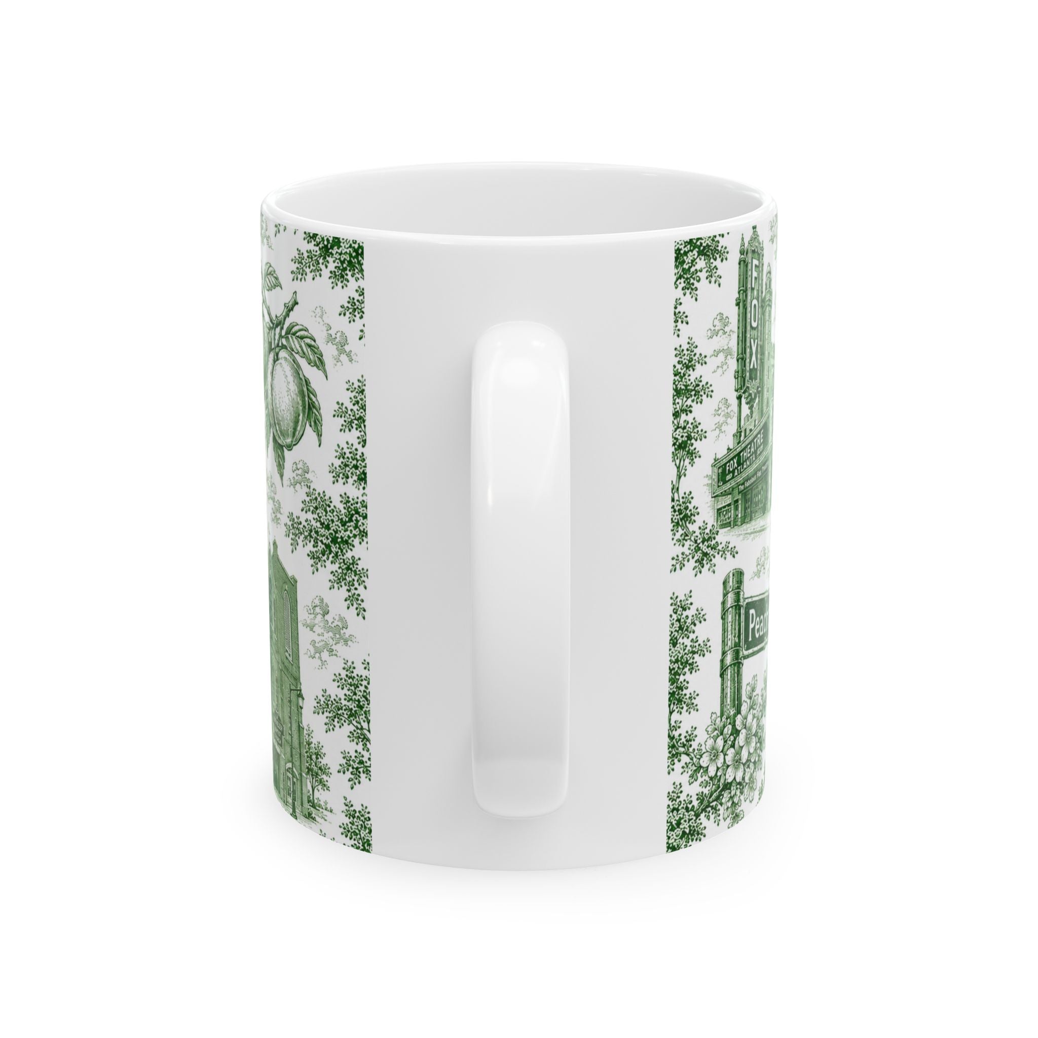 Atlanta Green Toile de Jouy Ceramic Mug — Atlanta, Georgia Skyline & Capitol Illustration (11oz)