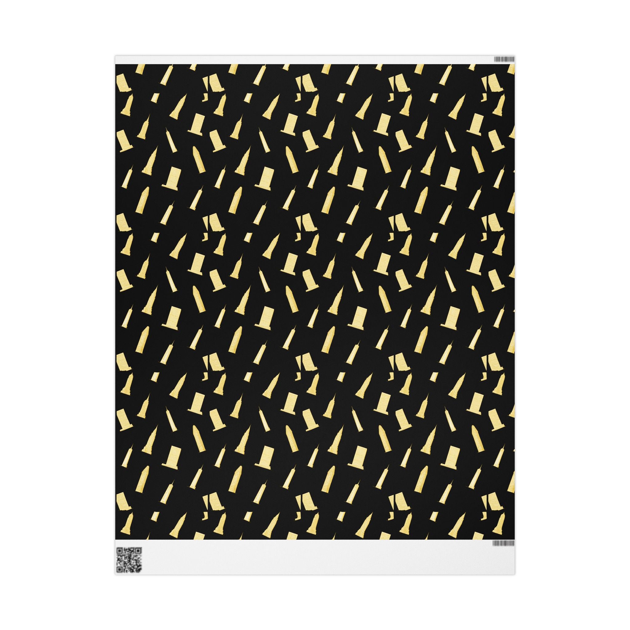 NYC Architecture Gold on Black Pattern Gift Wrap Paper | Iconic New York Buildings Empire State Chrysler Flatiron Wrapping Paper