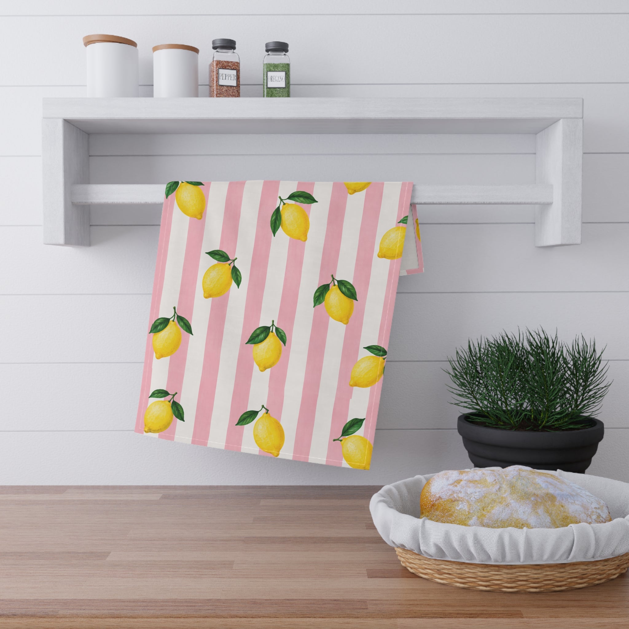 Little Italy Amalfi Pink and White with Lemon Tea Towel — Pink & White Stripes Kitchen Linen