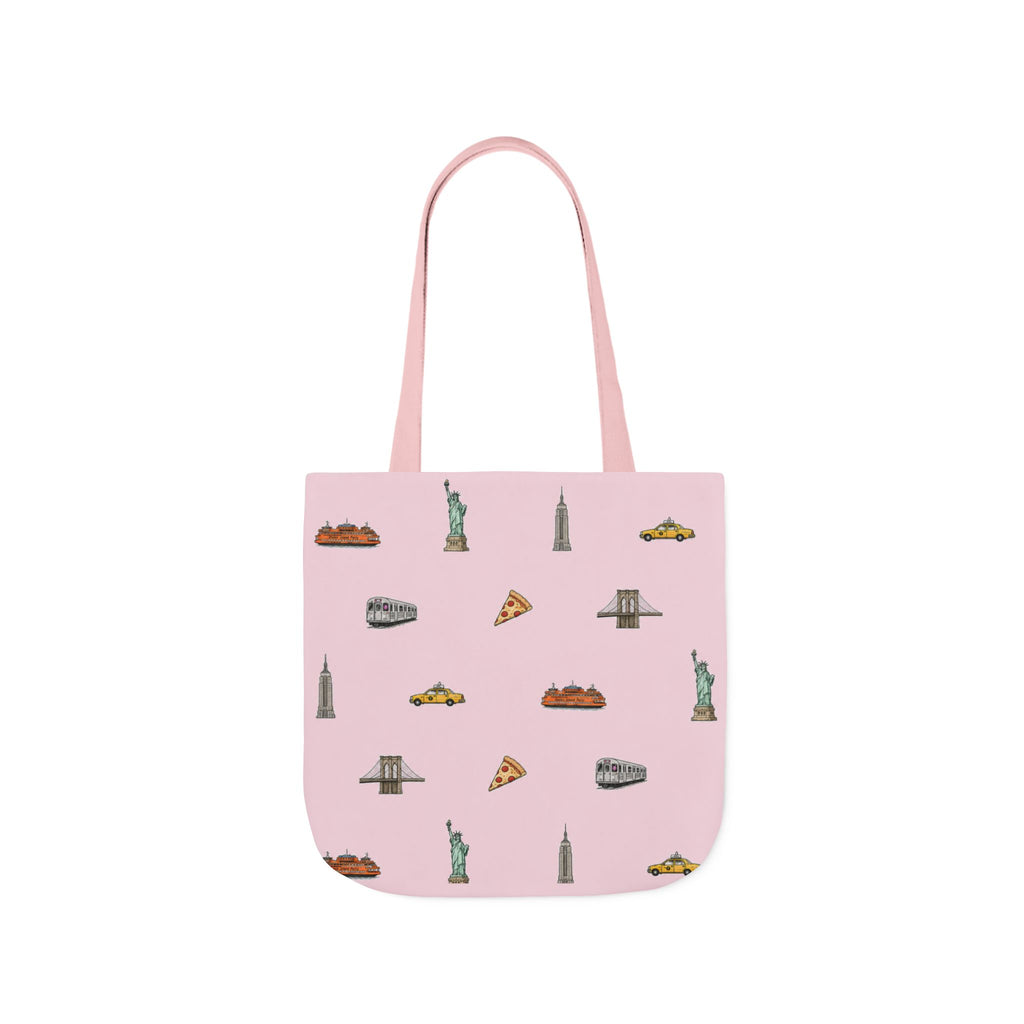 Icons of New York City Pink Canvas Tote — Statue of Liberty, Pizza & Taxi Pattern