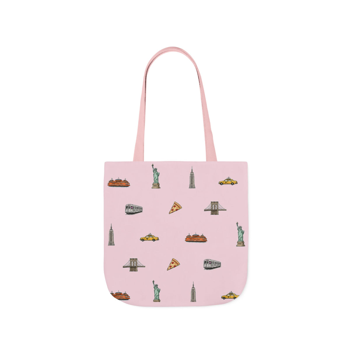 Icons of New York City Pink Canvas Tote — Statue of Liberty, Pizza & Taxi Pattern