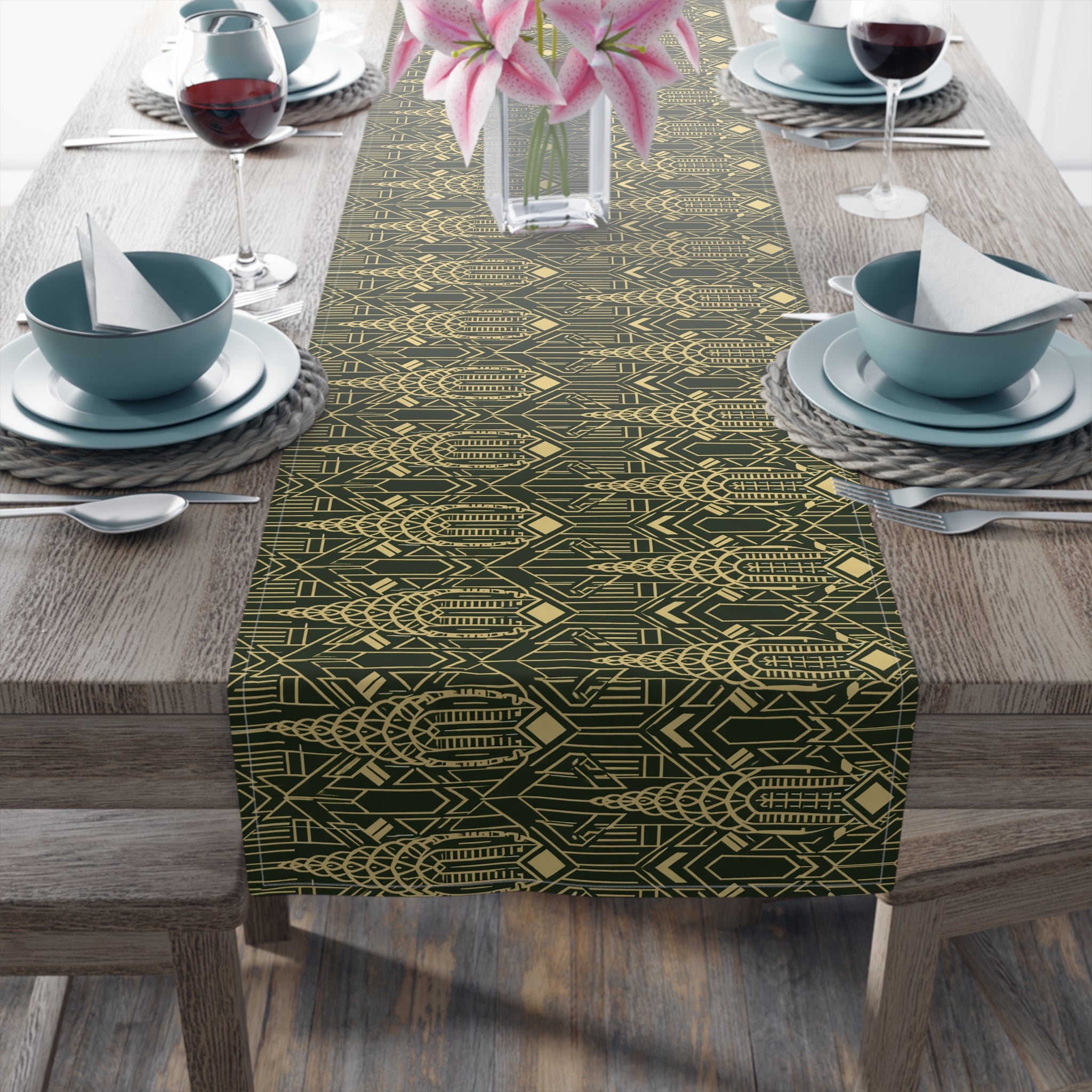 Art Deco Chrysler Building Green & Gold Table Runner — NYC Elegant Geometric Tabletop Dining Decor