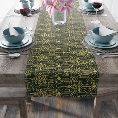 Art Deco Chrysler Building Green & Gold Table Runner — NYC Elegant Geometric Tabletop Dining Decor