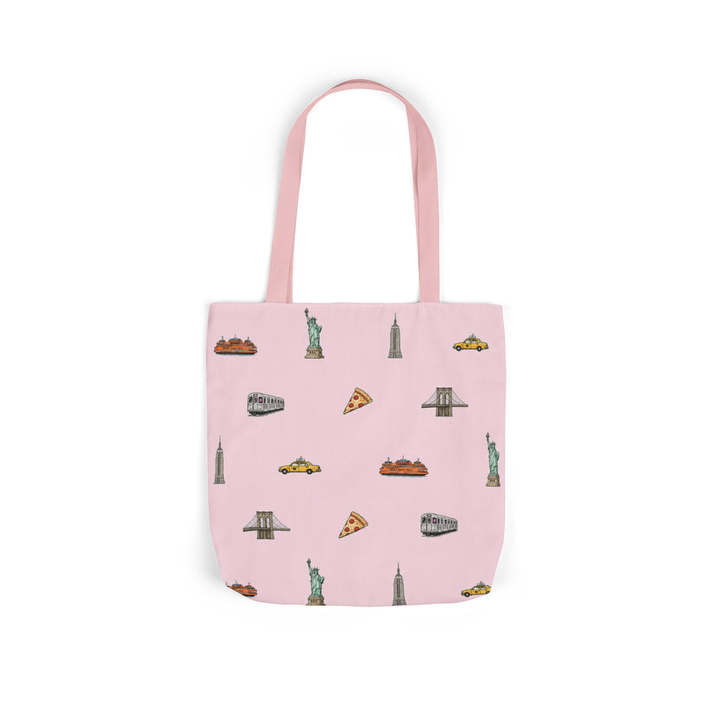 Icons of New York City Pink Canvas Tote — Statue of Liberty, Pizza & Taxi Pattern