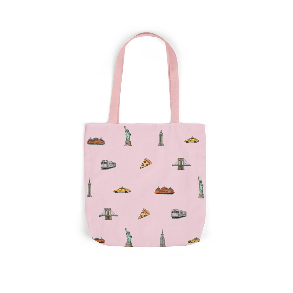 Icons of New York City Pink Canvas Tote — Statue of Liberty, Pizza & Taxi Pattern