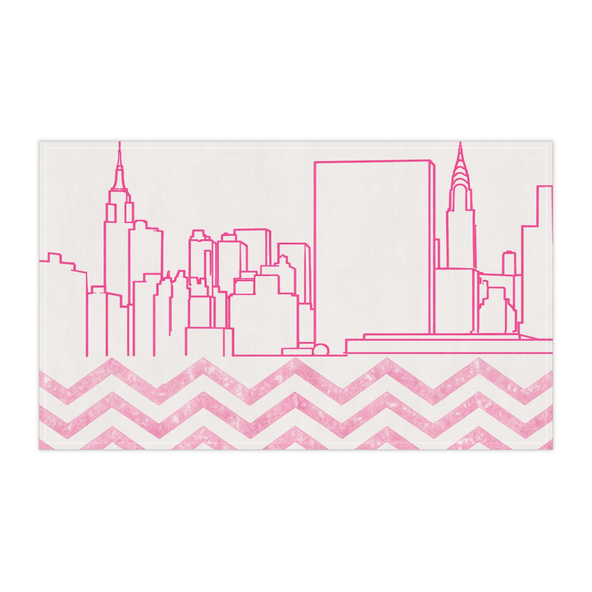 NYC Manhattan Skyline Pink Chevron Tea Towel — Minimal Pink & White New York City Skyline Kitchen Linen