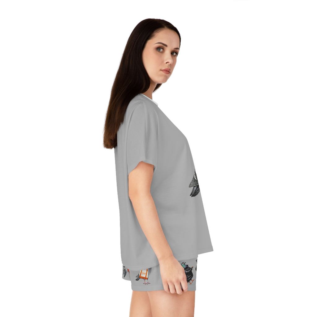 Gray NYC Pigeons Pattern Short Pajama Set | New York City Bird Lovers PJs Cozy Sleepwear