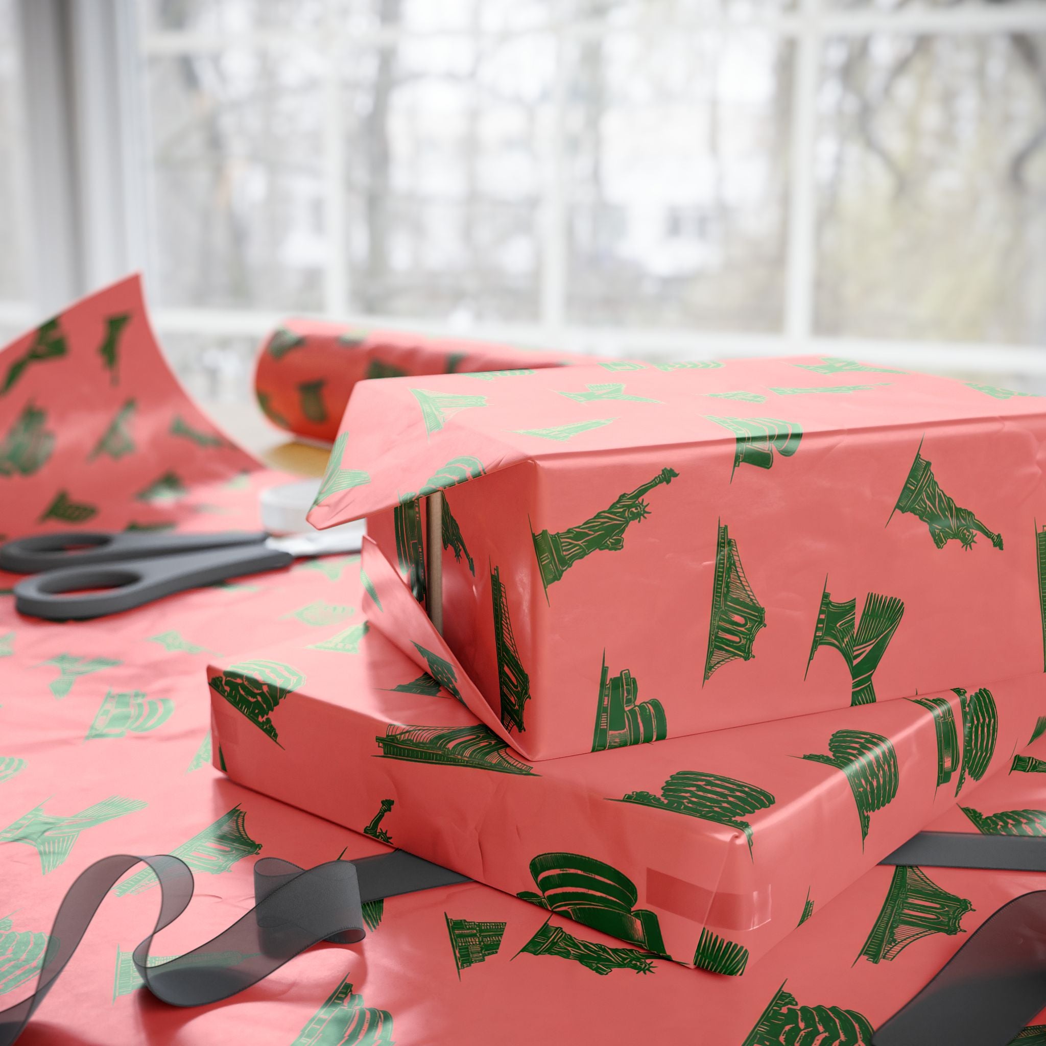 NYC Landmarks on Pink Gift Wrap Paper | New York Statue of Liberty Oculus Vessel Brooklyn Bridge Guggenheim Wrapping Paper Roll