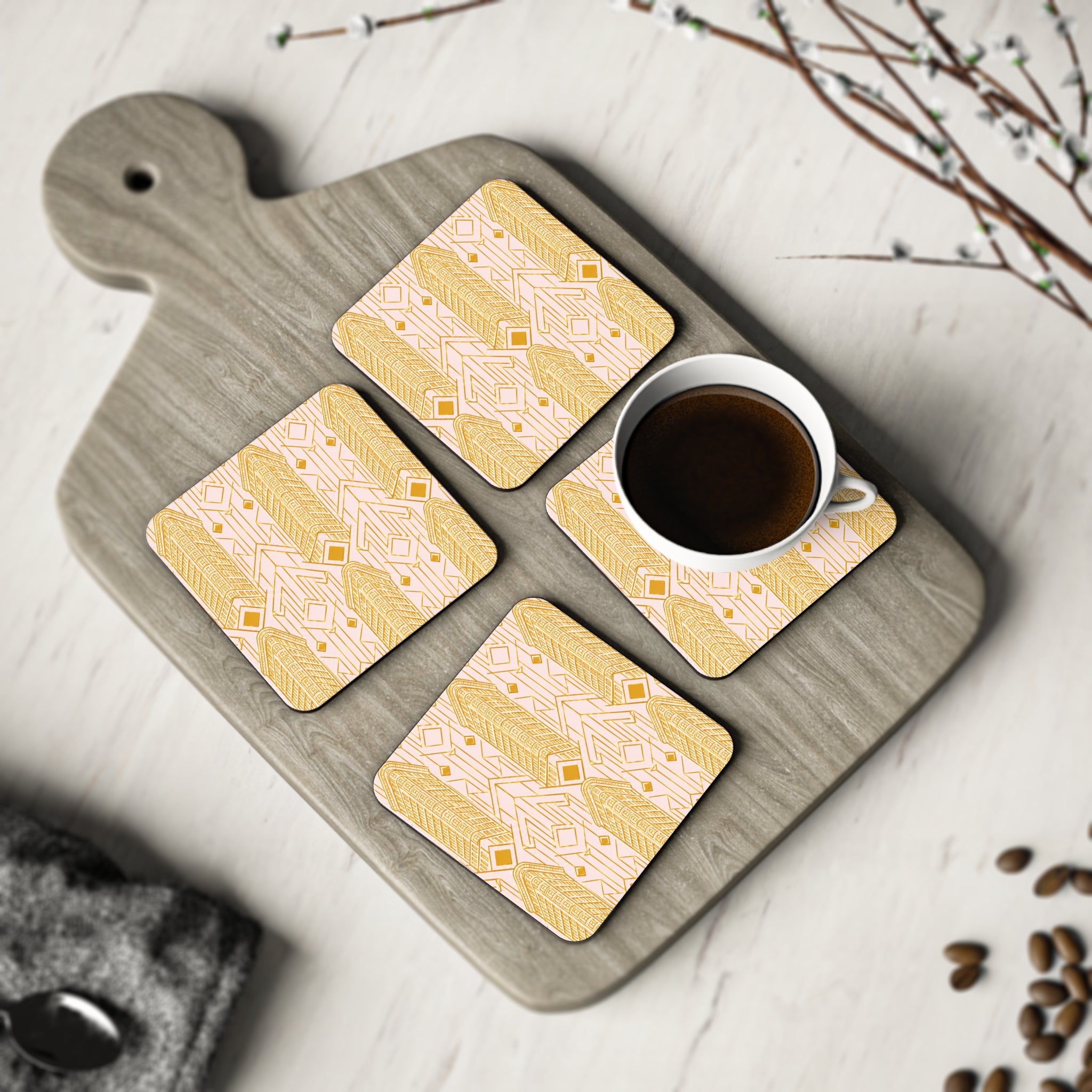 Art Deco Flatiron Building Gold & Pink Cork Coaster Set — Geometric Cocktail Coasters Set of 4