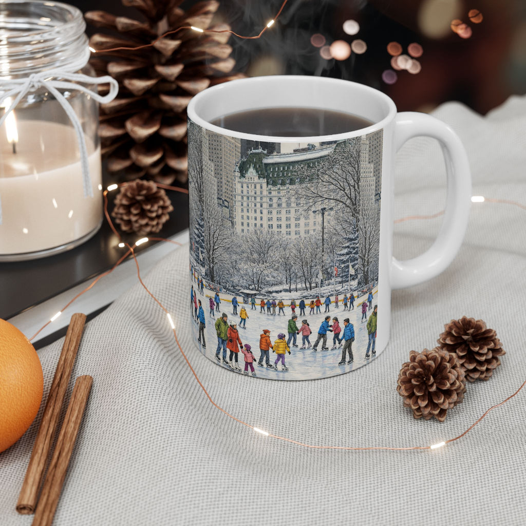 Central Park Wollman Rink Ice Skating Scene Mug | NYC The Plaza Winter Ceramic Coffee Cup