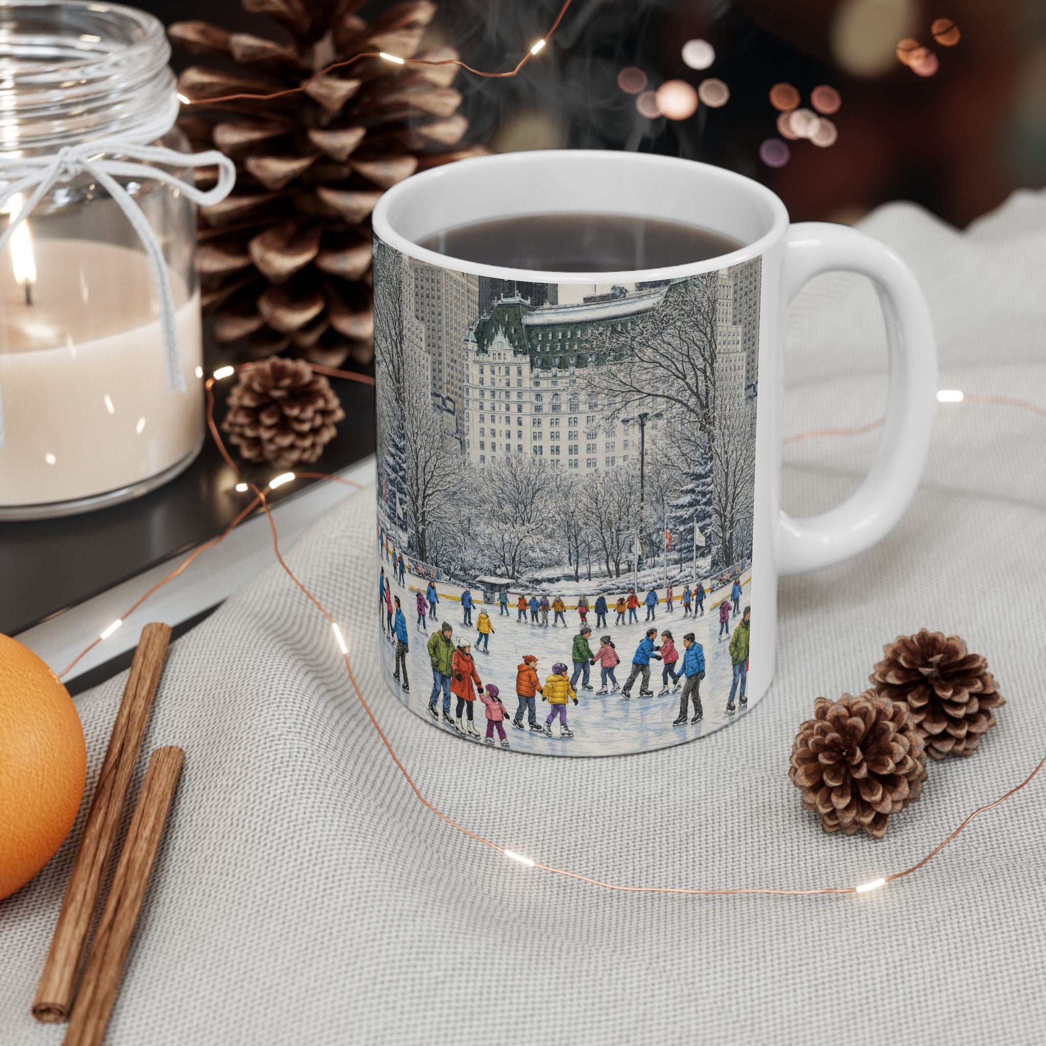 Central Park Wollman Rink Ice Skating Scene Mug | NYC The Plaza Winter Ceramic Coffee Cup
