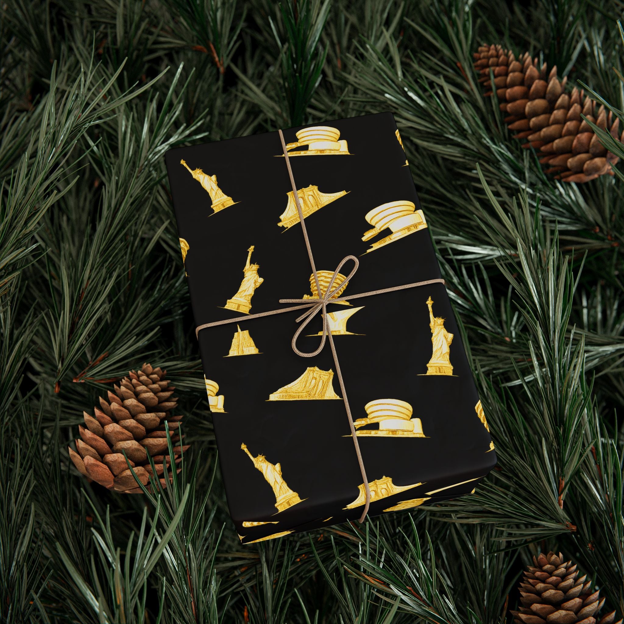 Gold NYC Landmarks on Black Gift Wrap Paper | New York Statue of Liberty Oculus Vessel Brooklyn Bridge Guggenheim Wrapping Paper Roll