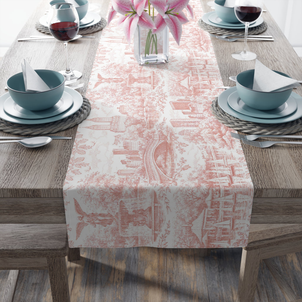 Central Park NYC Red Toile de Jouy Table Runner — New York Chinoiserie Dining Table Decor