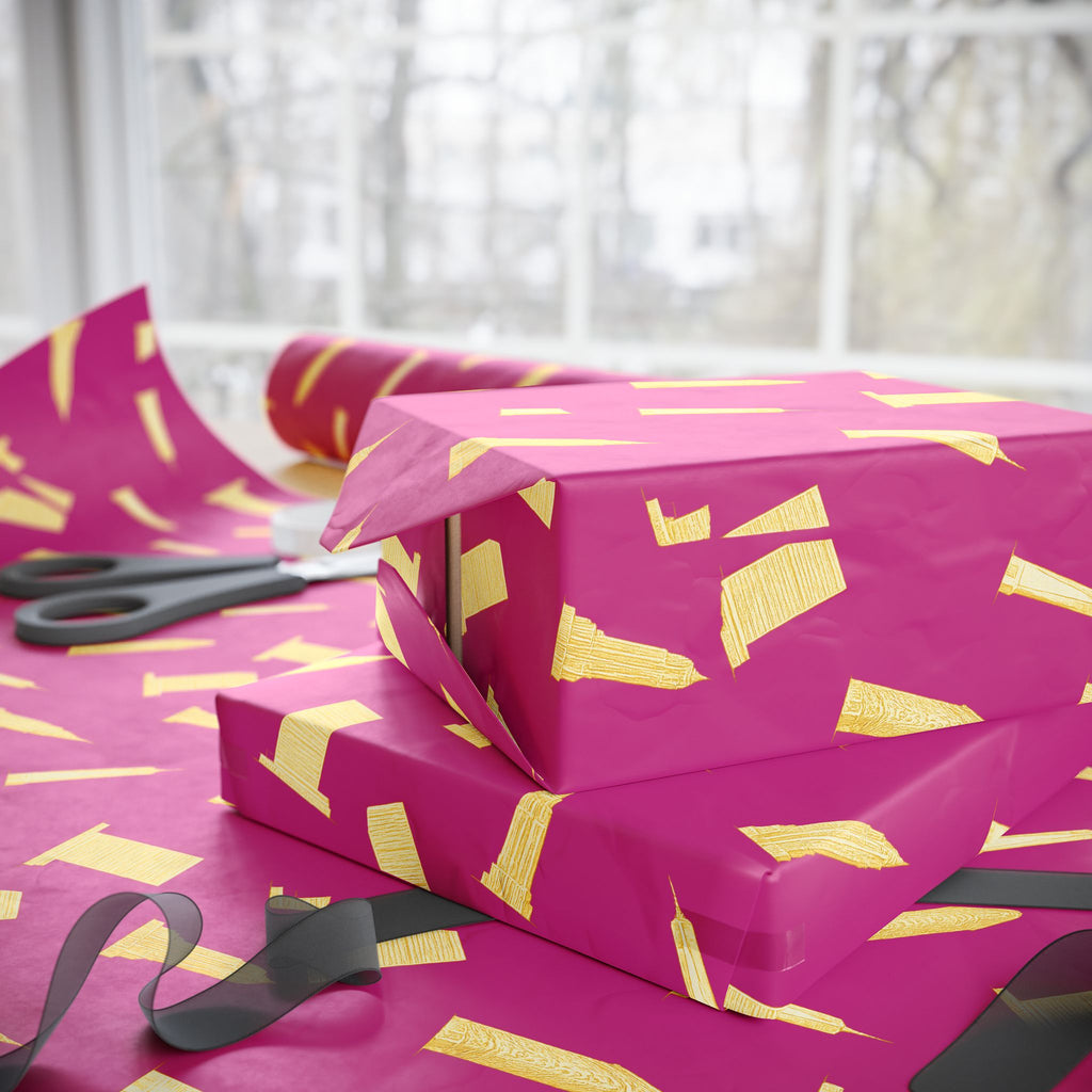 NYC Architecture Gold on Pink Pattern Gift Wrap Paper | Iconic New York Buildings Empire State Chrysler Flatiron Wrapping Paper