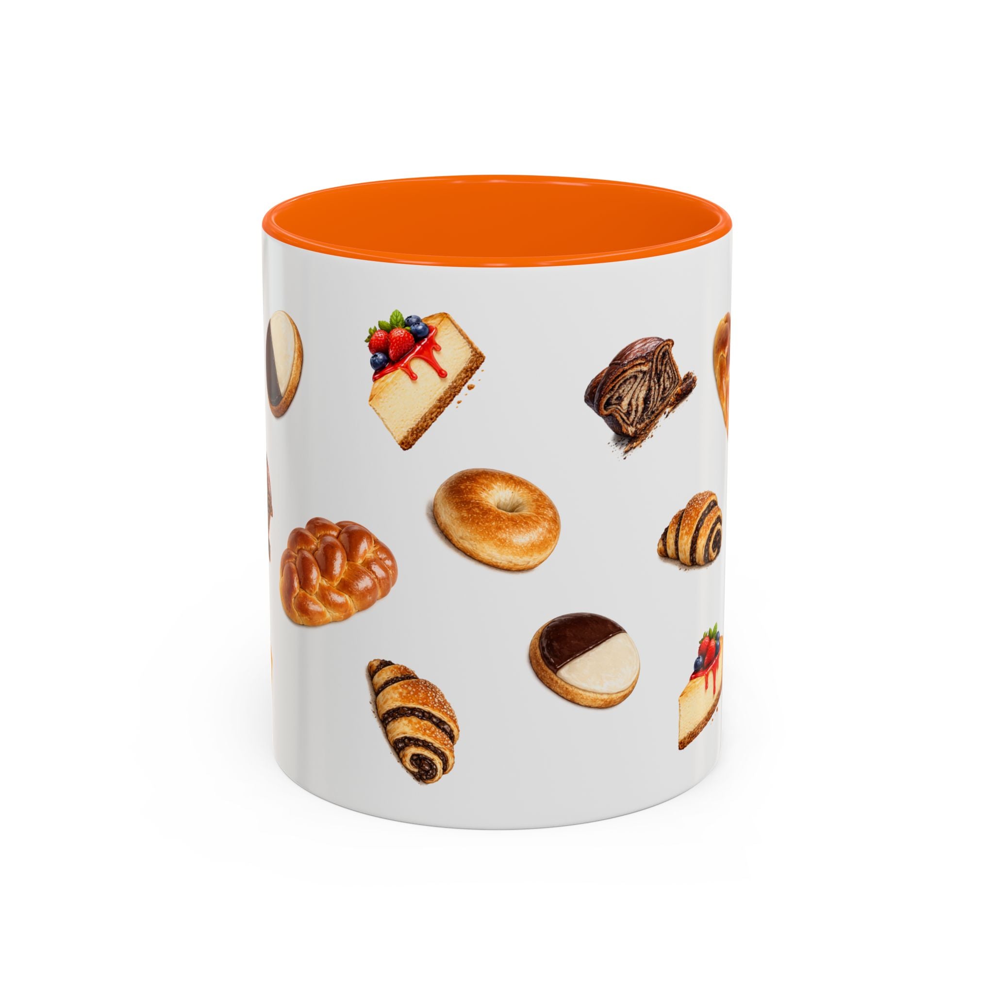 NYC Kosher Bakery Pattern Accent Mug | Babka Cheesecake Rugelach Black + White Cookie Challah Bagel 11oz Ceramic Coffee Cup
