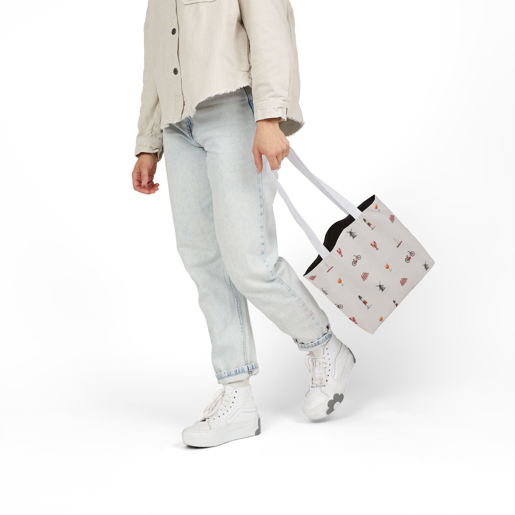 Icons of the Hamptons Heather Gray Canvas Tote — Lighthouse, Windmill, Lobster, Sailboat Icons