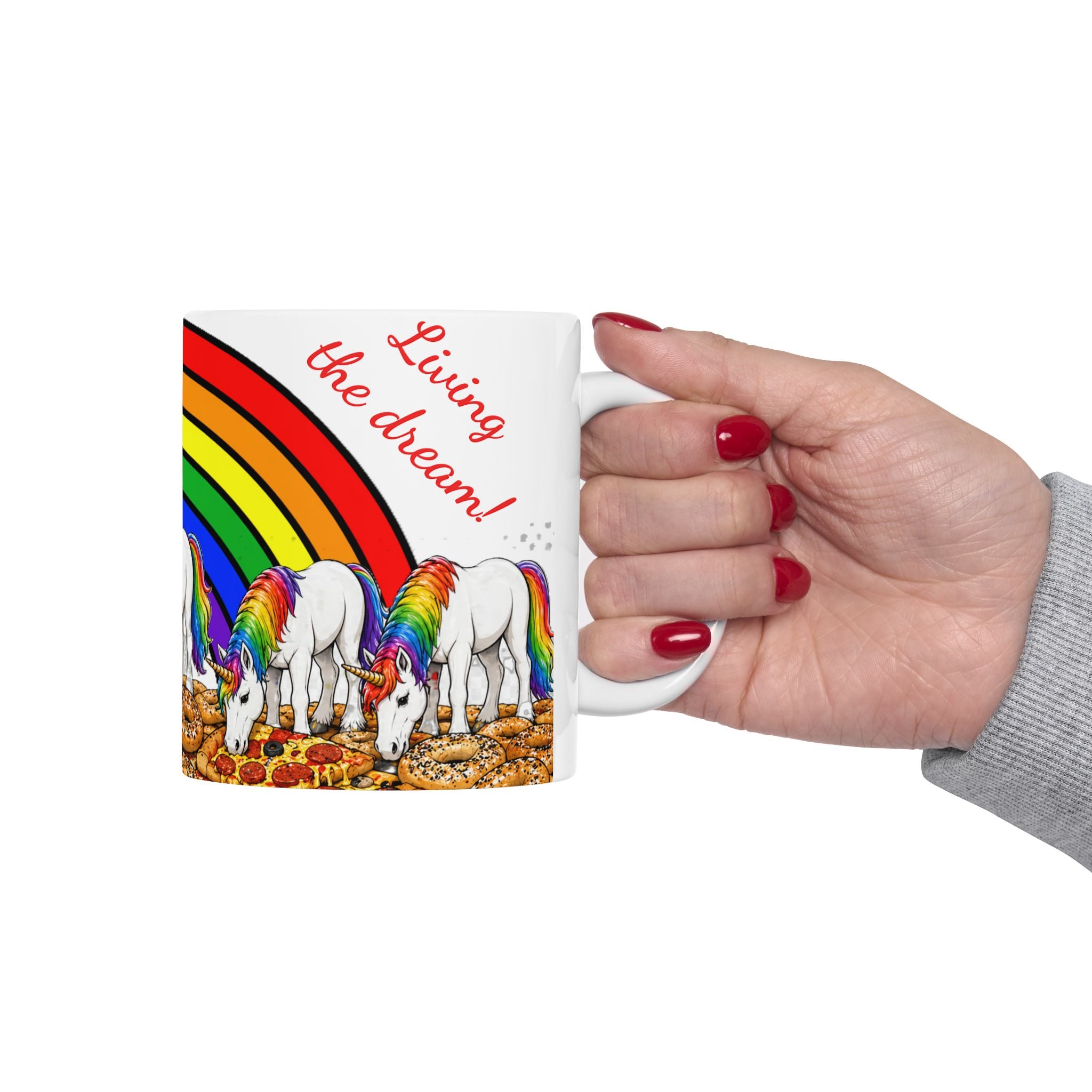 NYC Living the Dream Rainbow Unicorn Mug —  Pizza and Bagels New York Is a Fairy Tale Ceramic Coffee Cup