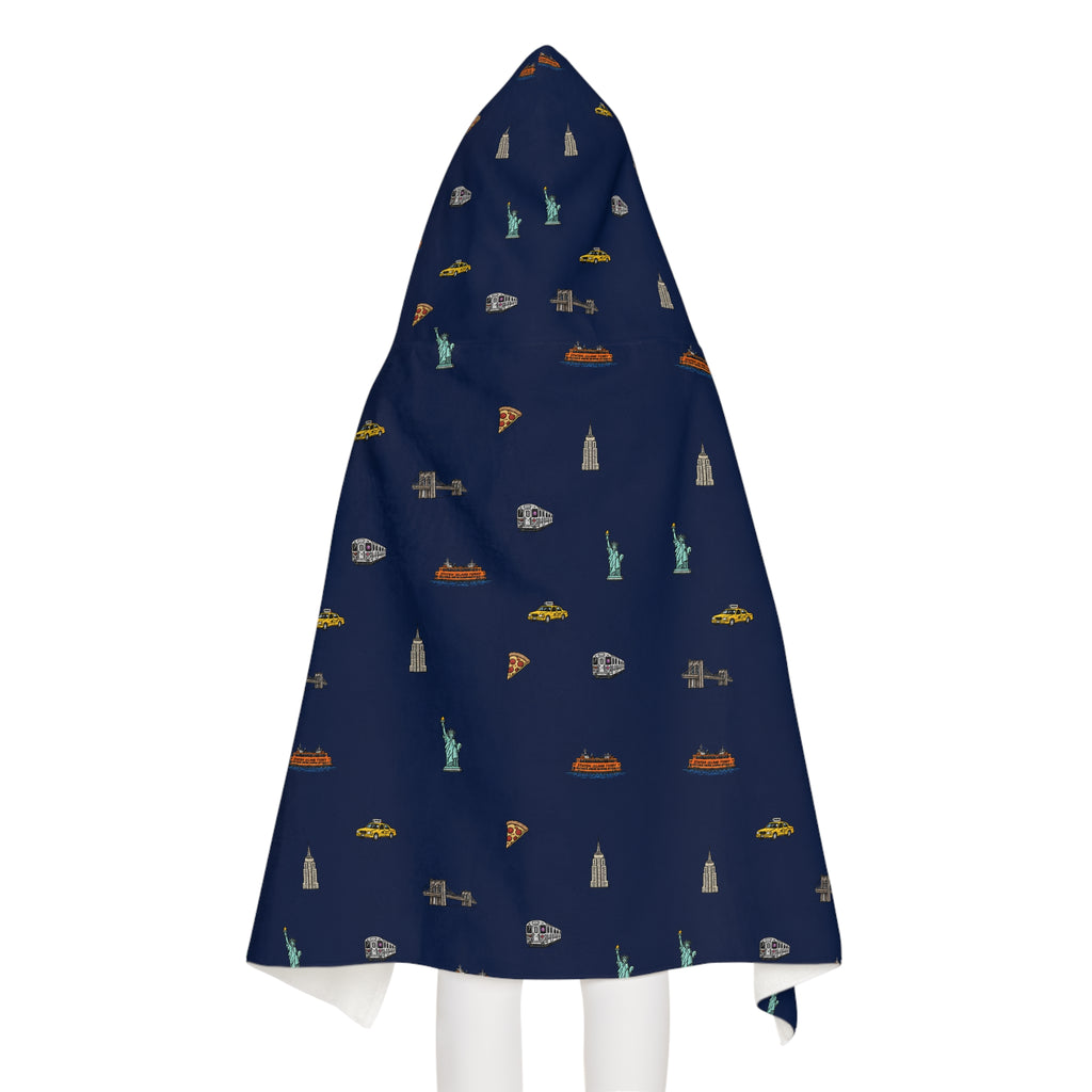 Icons of New York City Navy Blue Hooded Kids Towel — Statue of Liberty, Pizza & Skyline Childrens Towel