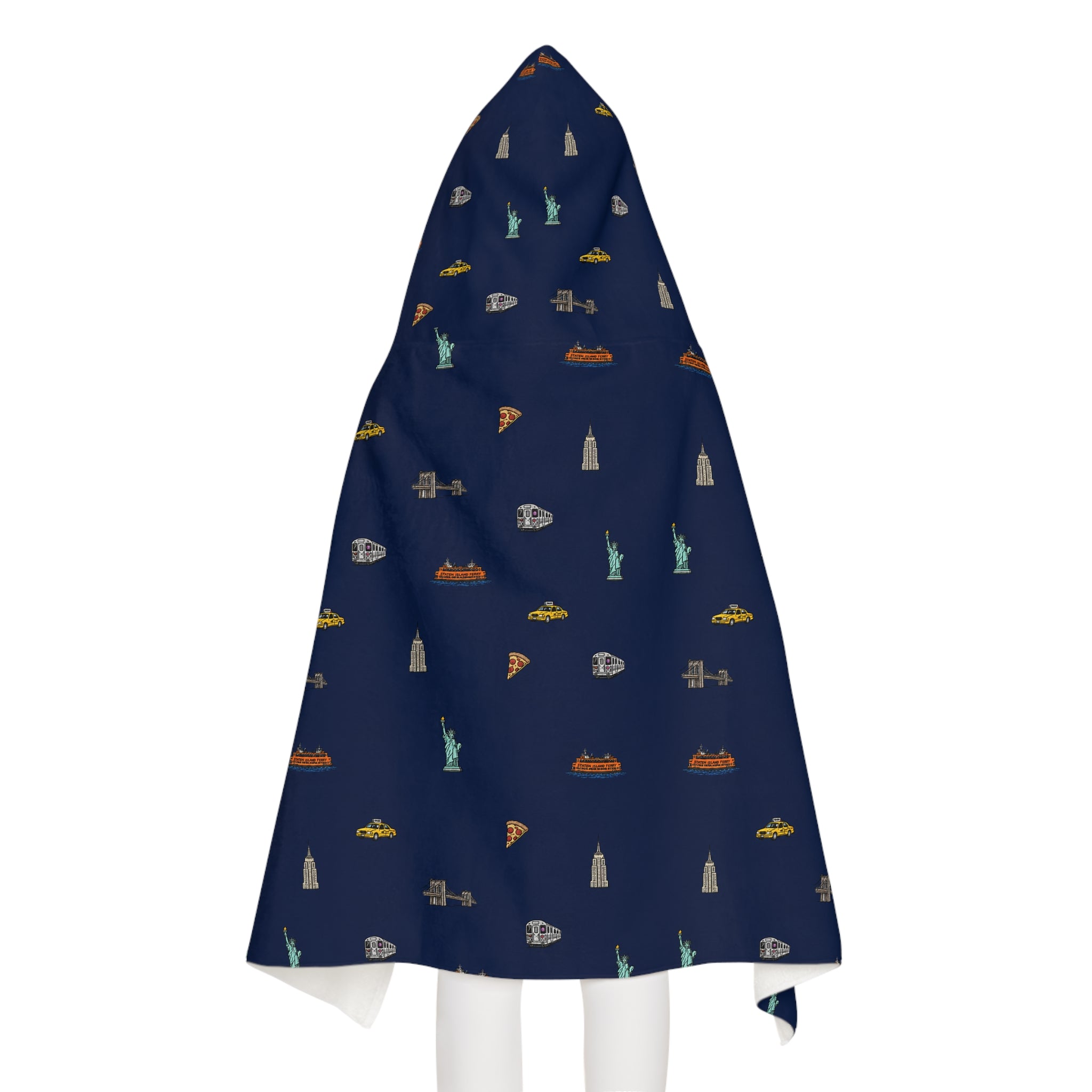 Icons of New York City Navy Blue Hooded Kids Towel — Statue of Liberty, Pizza & Skyline Childrens Towel