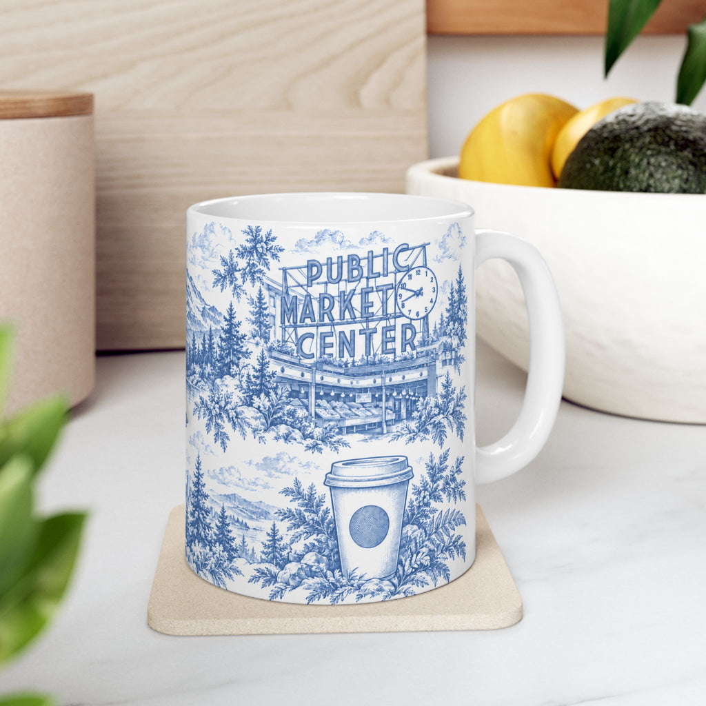 Seattle Blue Toile de Jouy Ceramic Mug — Seattle, Washington and Surroundings Scenic Coffee Cup (11oz)