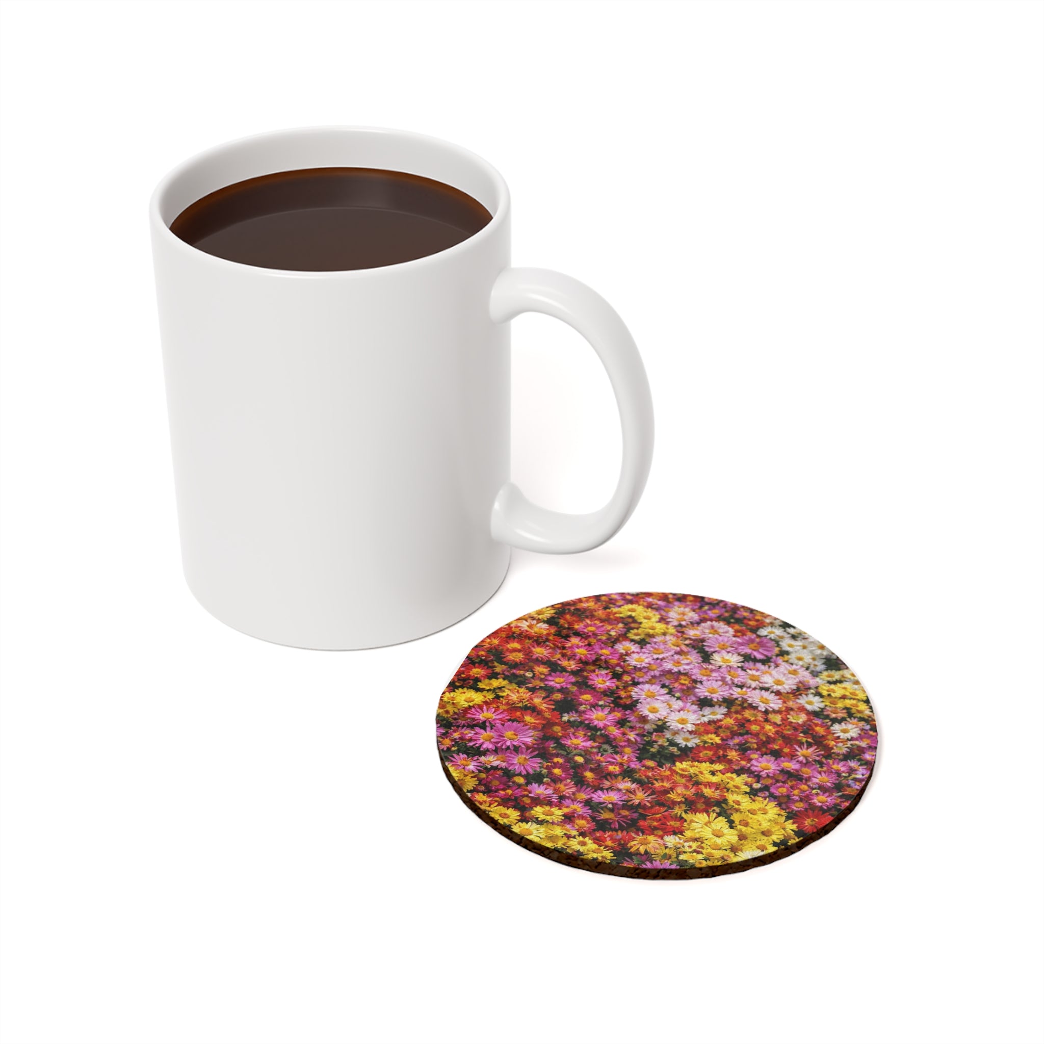 Central Park Garden Korean Chrysanthemum Flowers Cork Back Coaster | Round Flower Pattern