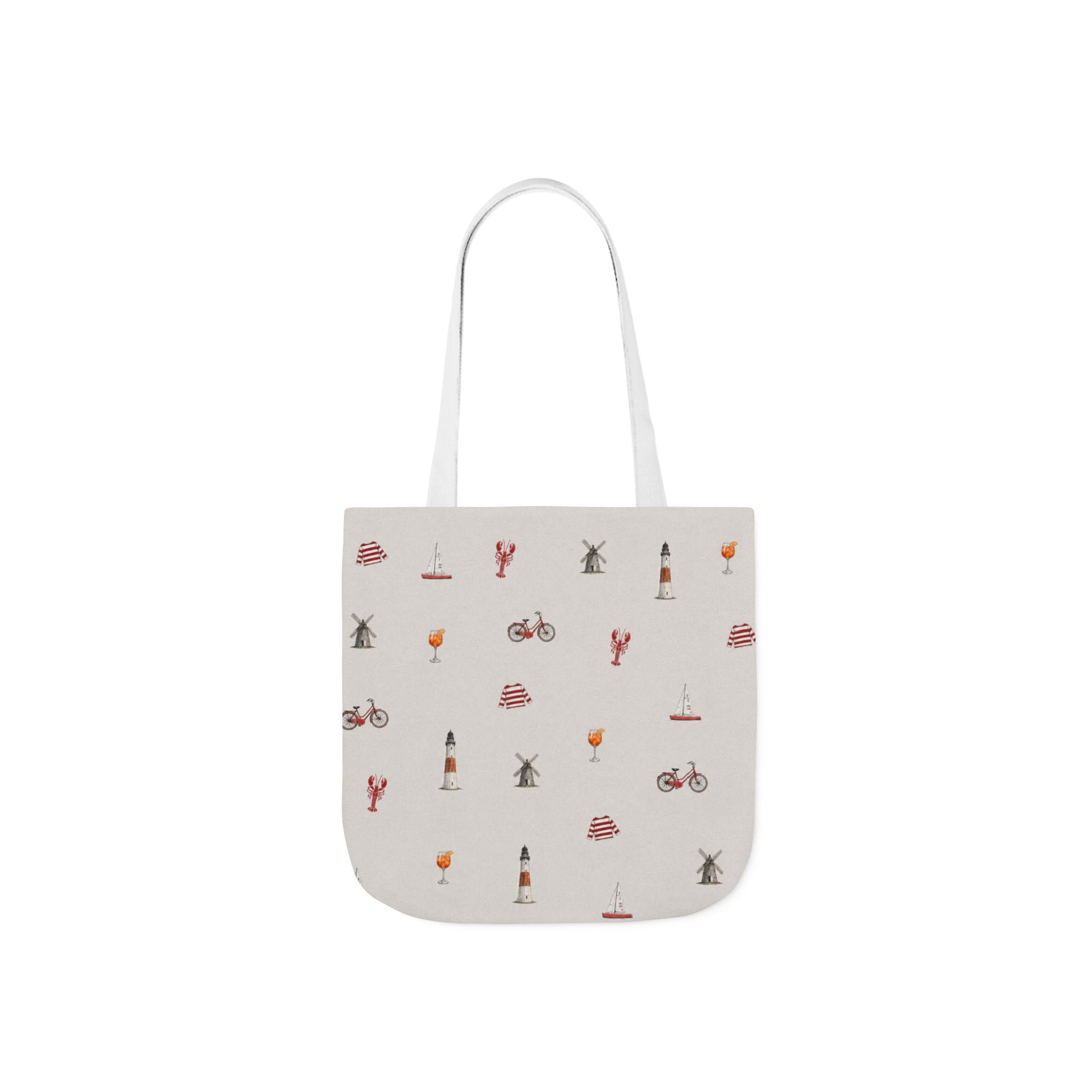 Icons of the Hamptons Heather Gray Canvas Tote — Lighthouse, Windmill, Lobster, Sailboat Icons