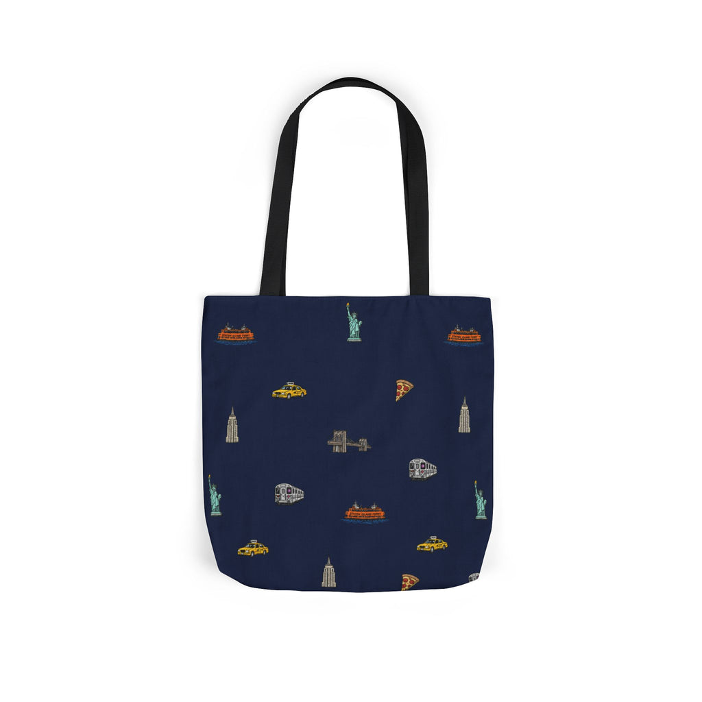 Icons of New York City Blue Canvas Tote — Statue of Liberty, Pizza & Taxi Pattern