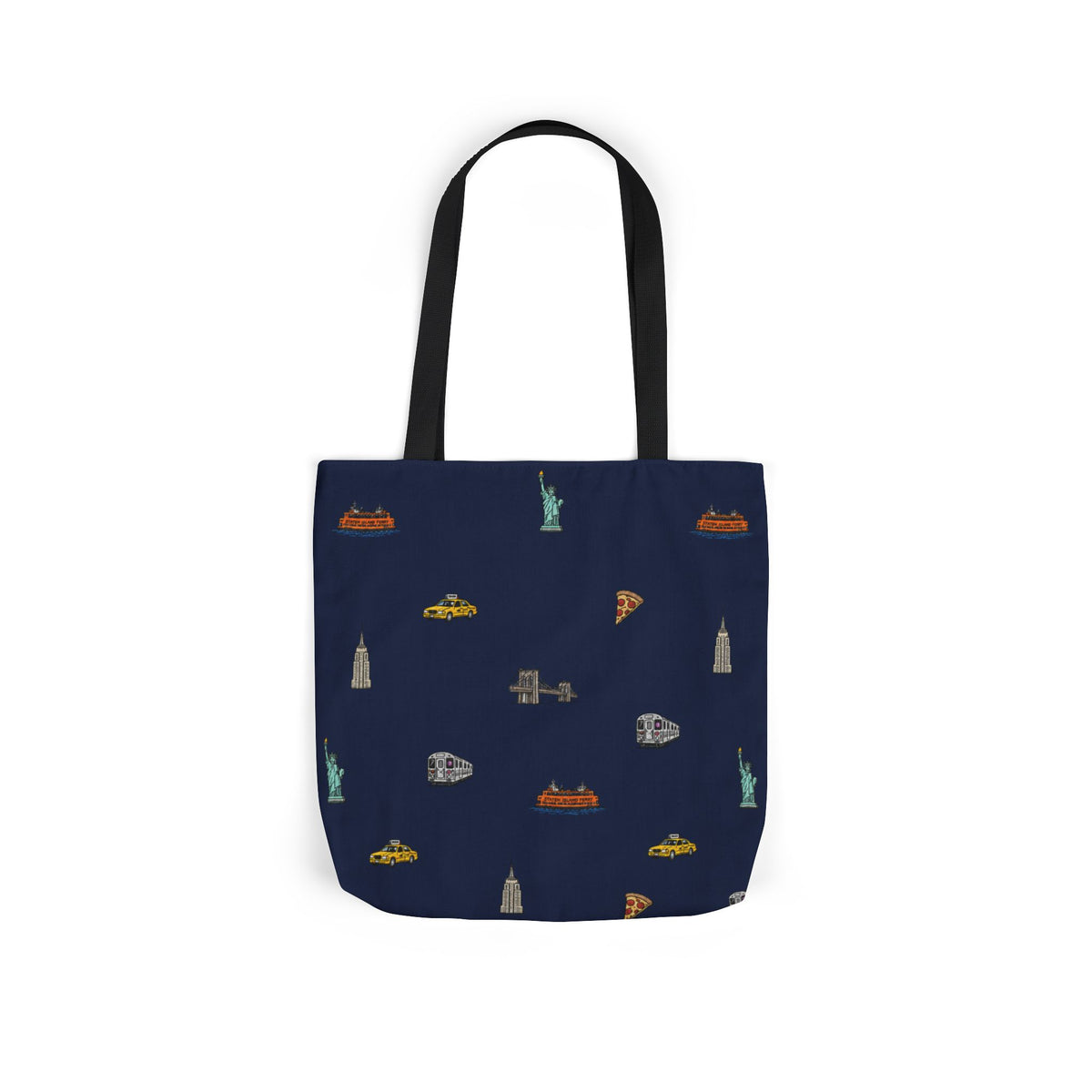 Icons of New York City Blue Canvas Tote — Statue of Liberty, Pizza & Taxi Pattern