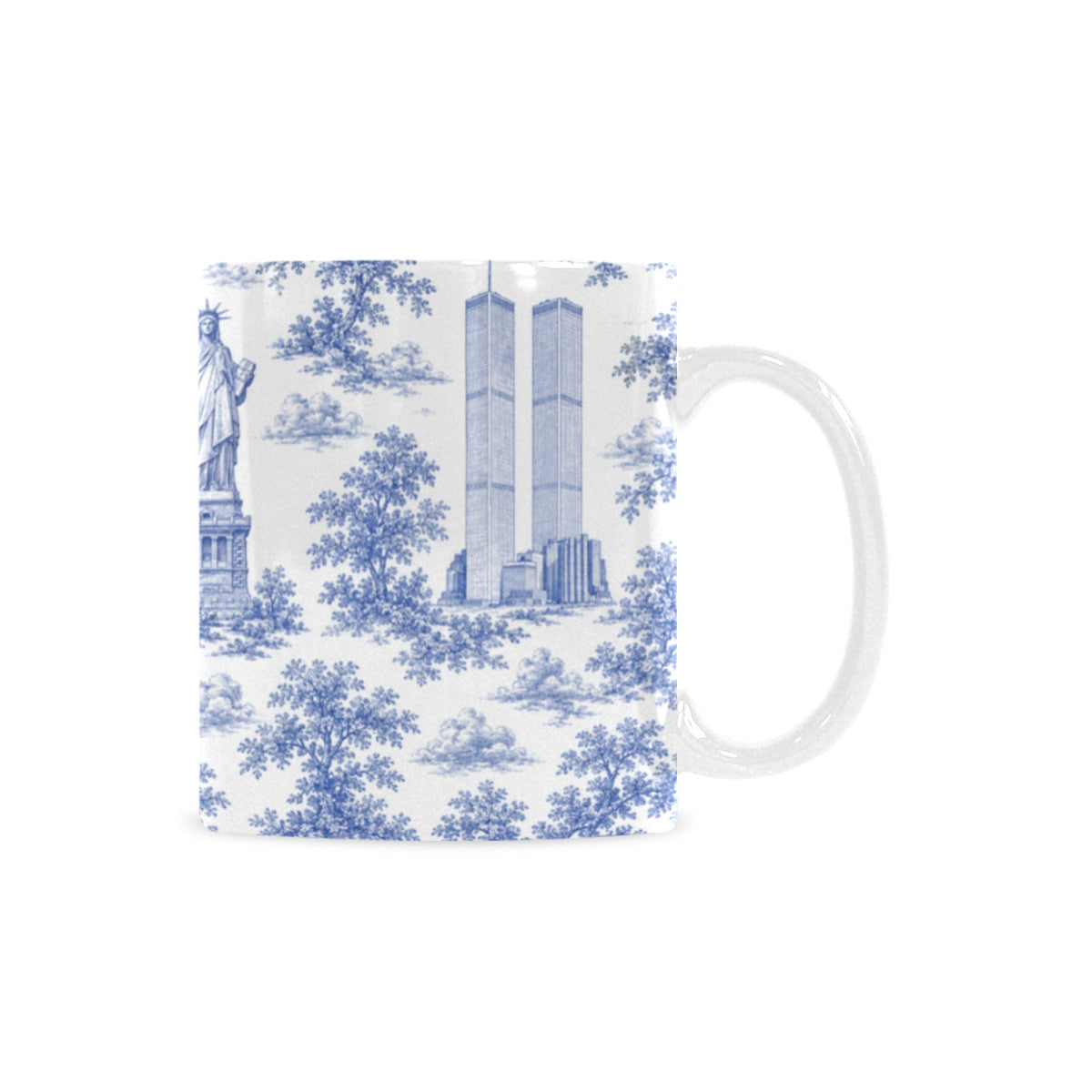 Manhattan Blue Toile de Jouy Mug with Twin Towers | New York City Chinoiserie Ceramic Mug Custom White Mug (11oz)
