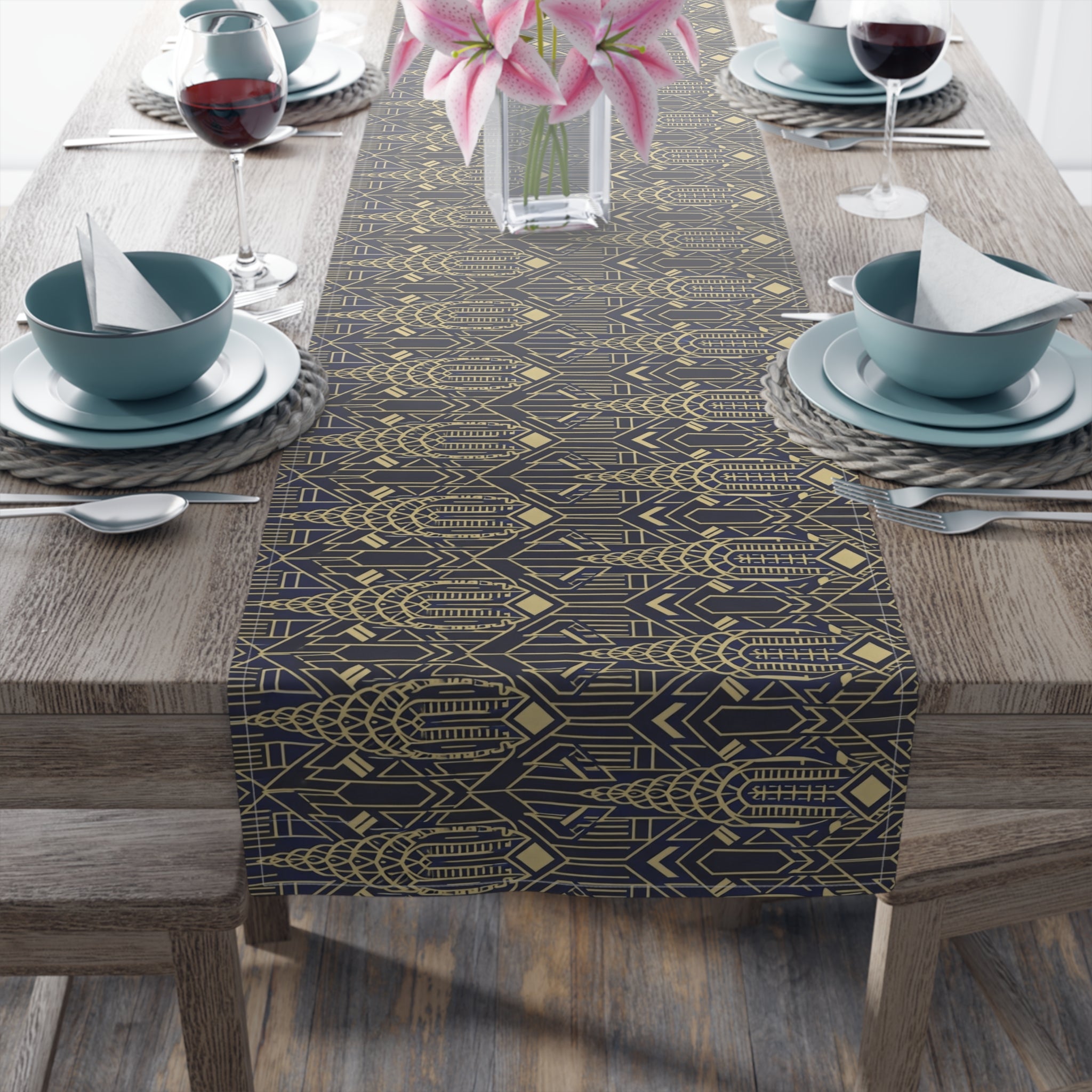 Art Deco Chrysler Building Navy & Gold Table Runner — NYC Elegant Geometric Tabletop Dining Decor